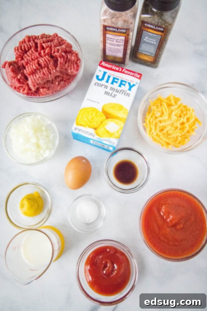 Hearty Sloppy Joe Cornbread Pie 3 All the ingredients laid out for Sloppy Joe Cornbread Casserole preparation.