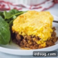 Hearty Sloppy Joe Cornbread Pie 8 Close up image of Sloppy Joe Cornbread Casserole