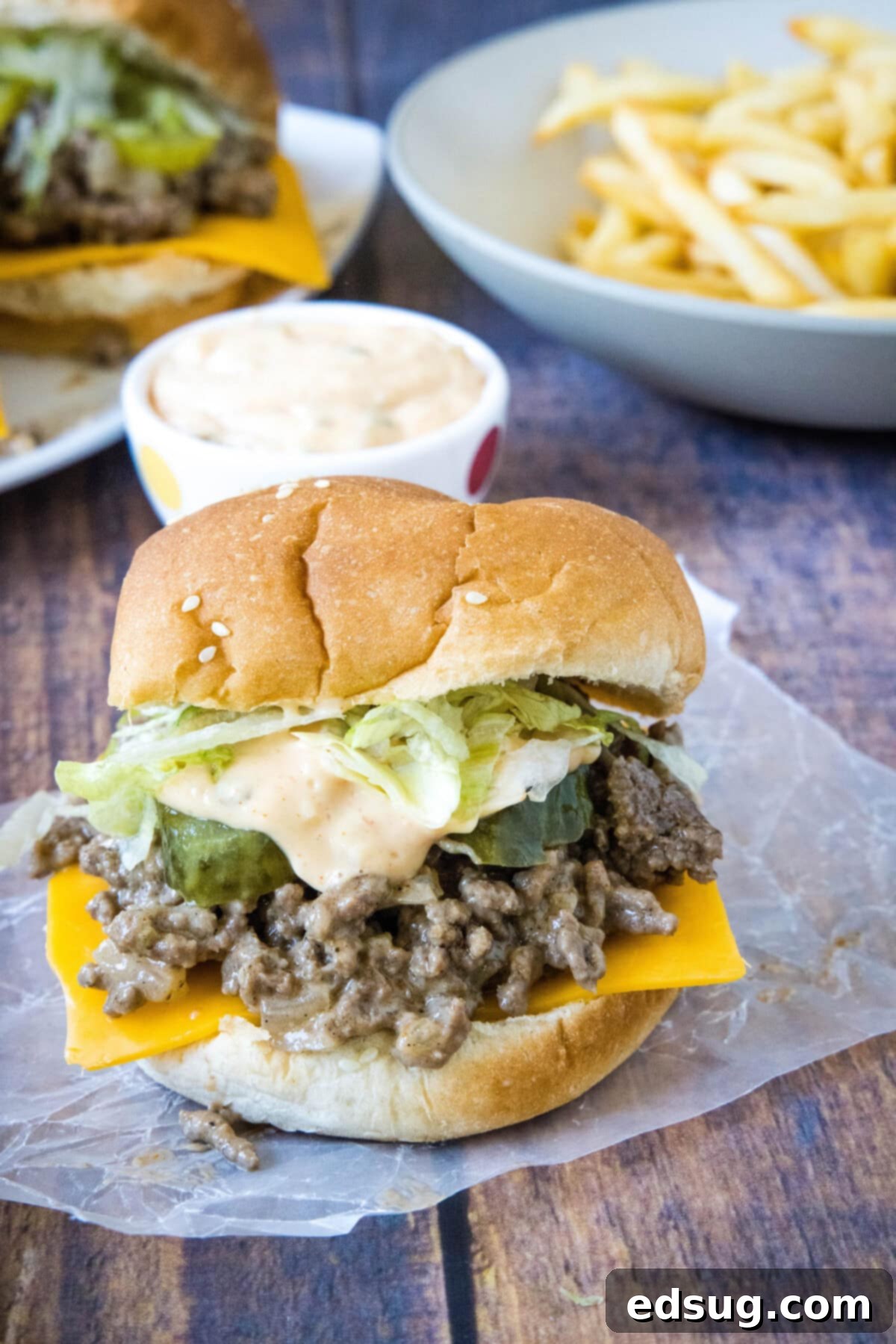 Copycat Big Mac Sloppy Joes 5 big mac sloppy joe with french fries in background