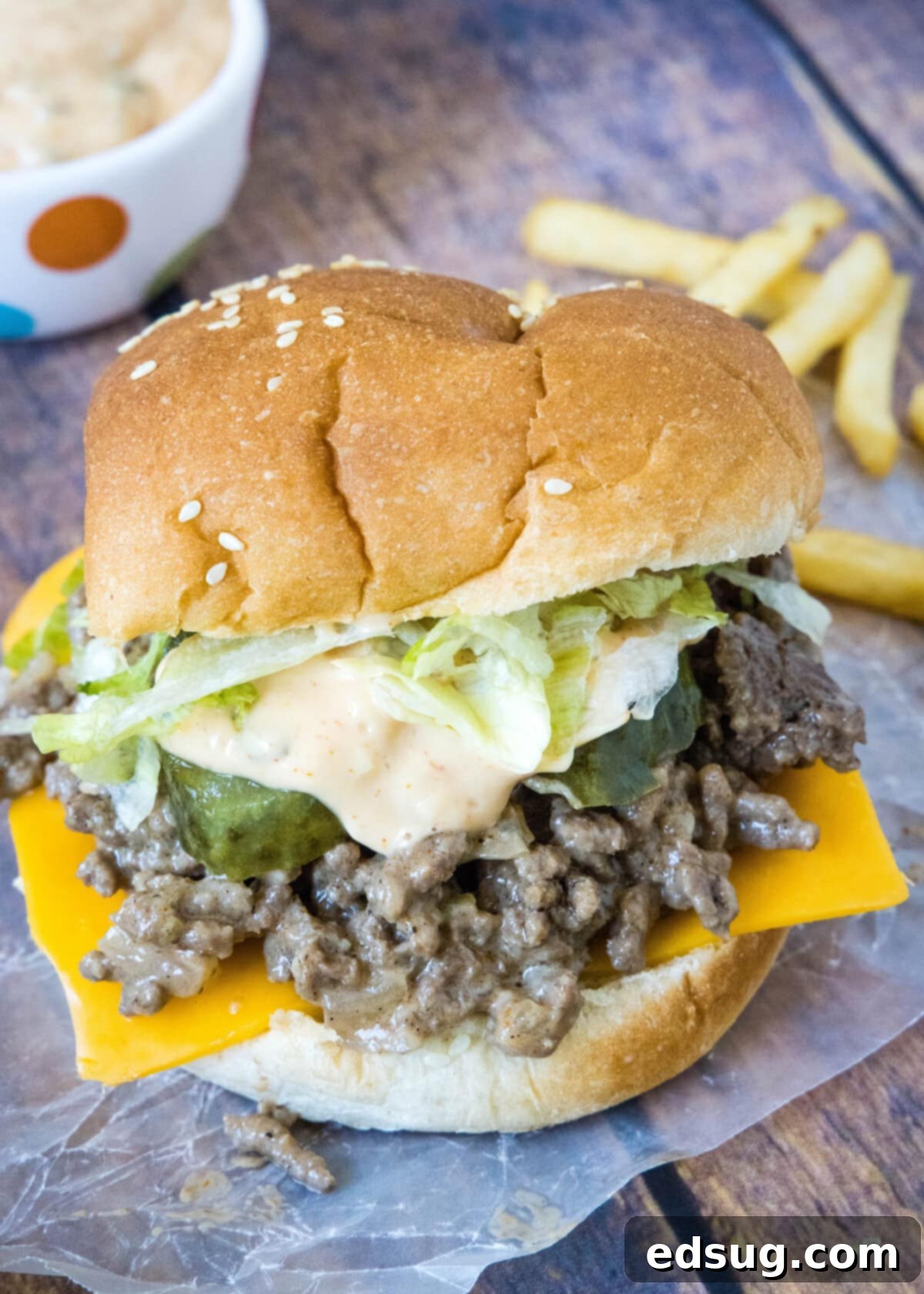 Copycat Big Mac Sloppy Joes 6 looking down on big mac sloppy joe on piece of wax paper