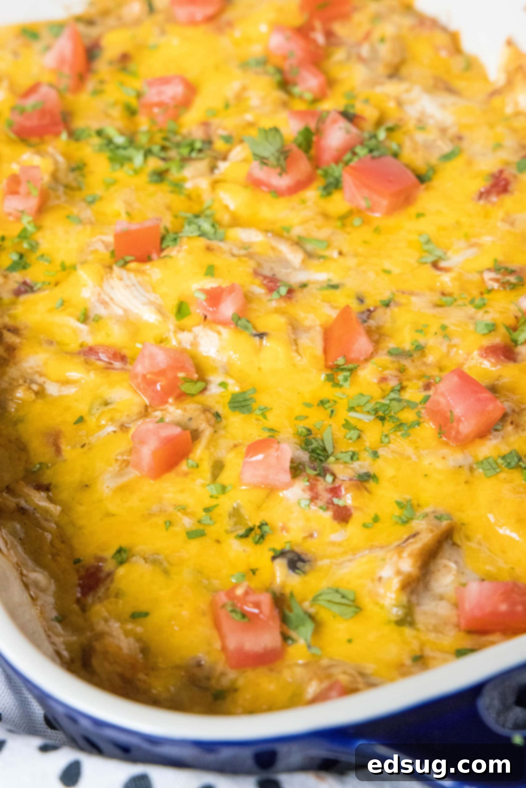 Close up of a bubbling, baked King Ranch chicken casserole with melted cheese in a casserole dish, fresh out of the oven.