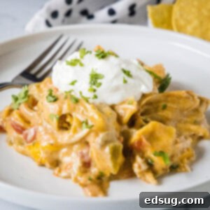 A serving of King Ranch chicken topped with a dollop of sour cream on a white plate next to a fork.