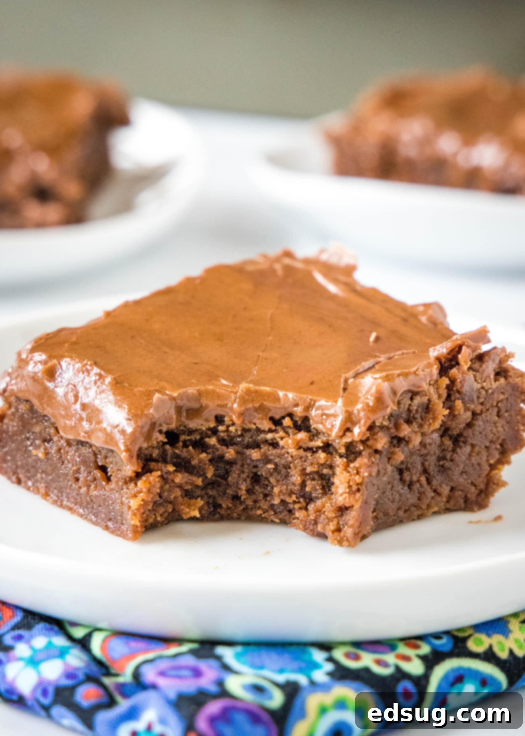 Lunch lady brownies are moist, fudgy brownies just like the ones served at school lunches! Every bite is filled with chocolate flavor. A square-cut lunch lady brownie on a white plate with a bite missing, showcasing its fudgy interior and melted chocolate frosting.