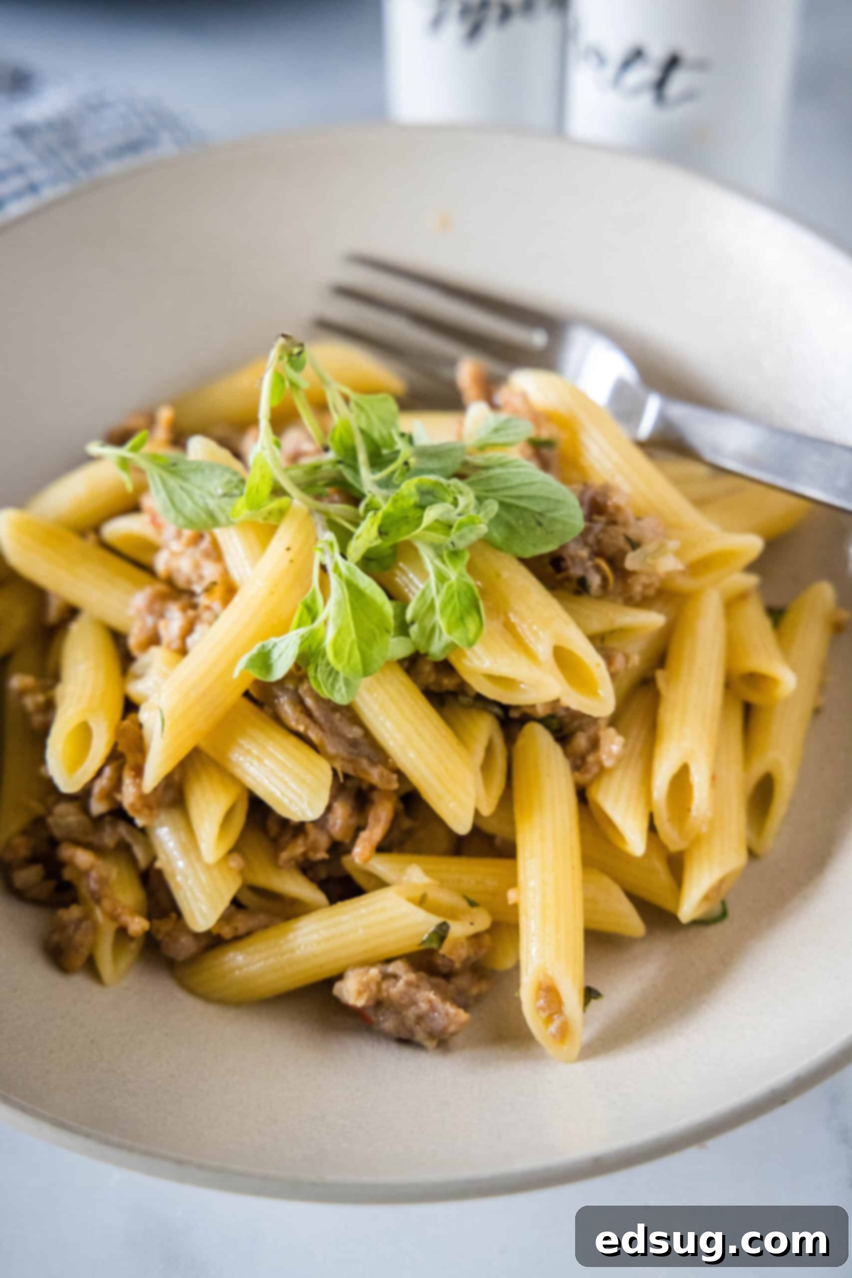 A serving of creamy Pasta Risotto. A serving of creamy Pasta Risotto in a white bowl, garnished with fresh oregano and a fork, ready to be enjoyed.