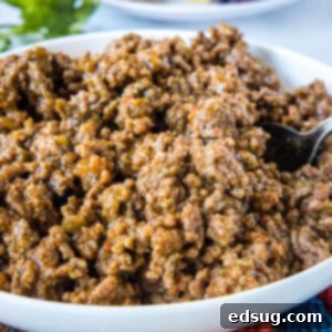 Set-It-and-Forget-It Taco Meat 2 Slow cooker taco meat in a large white bowl.