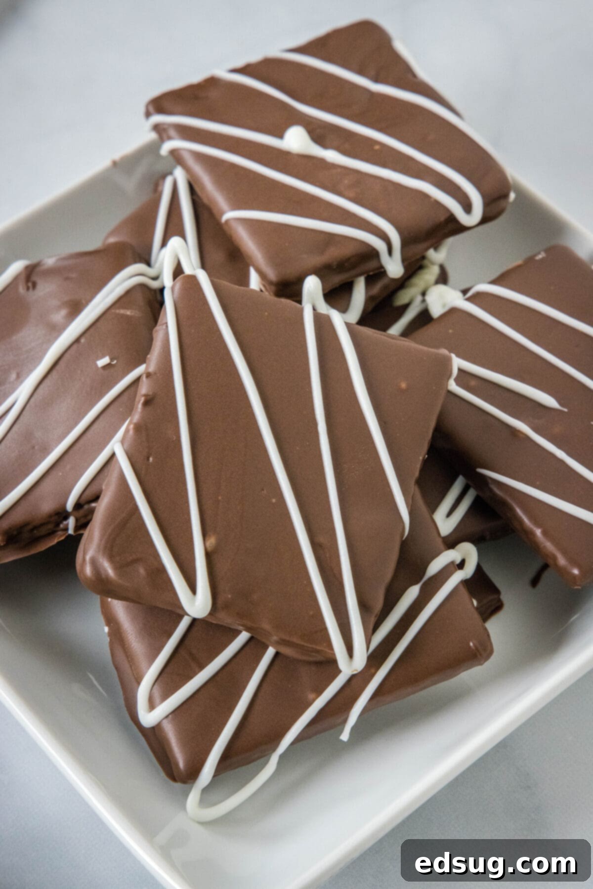 Decadent Chocolate Graham Delights 5 chocolate covered graham crackers on a white plate