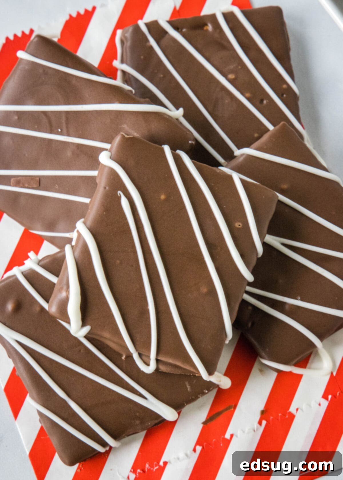 Decadent Chocolate Graham Delights 6 looking down on a tray of chocolate covered graham cracker squares