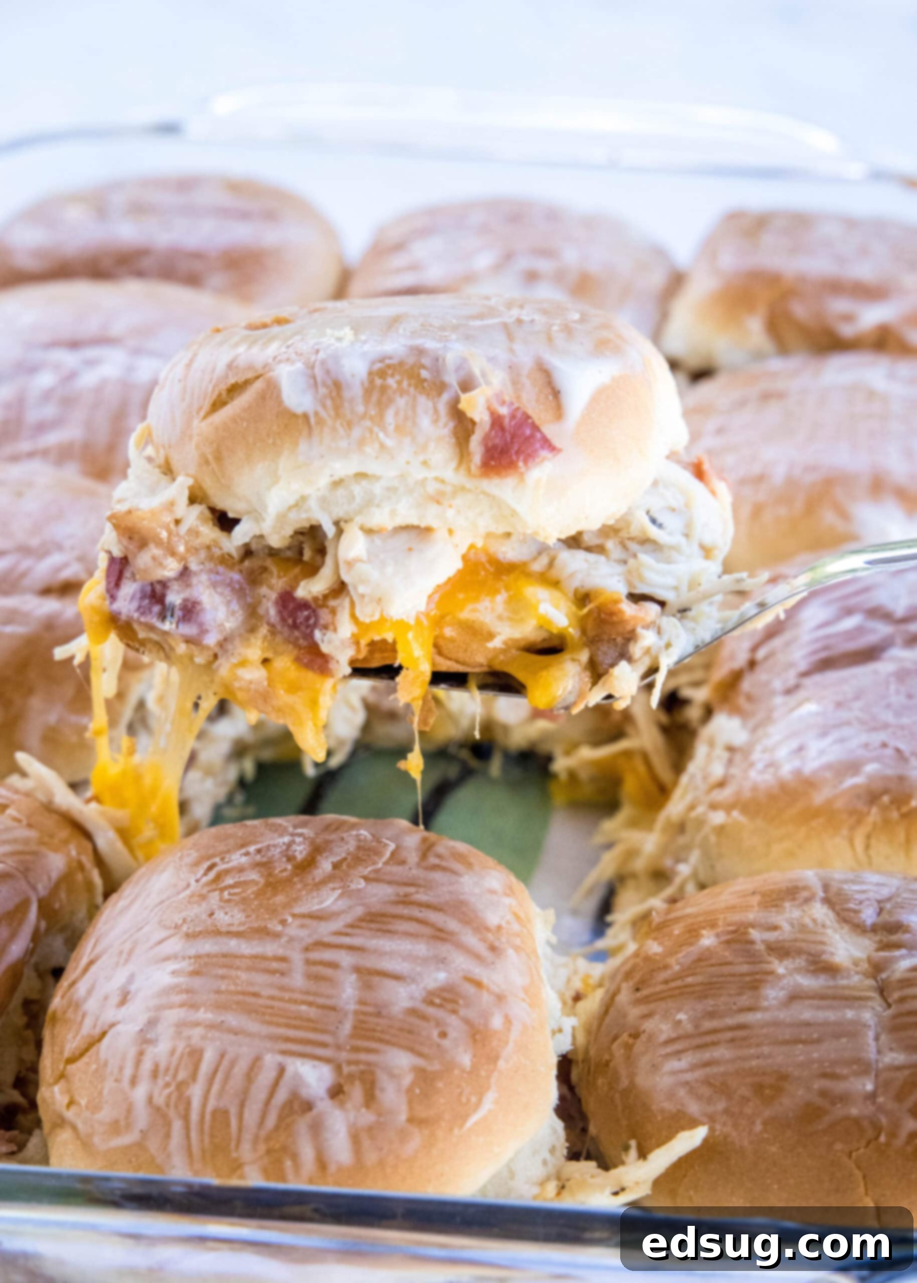 Make my easy chicken bacon ranch sliders with juicy shredded chicken, bacon, and creamy ranch dressing between sweet, fluffy Hawaiian rolls! A chicken bacon ranch slider being lifted from a baking dish full of sliders.