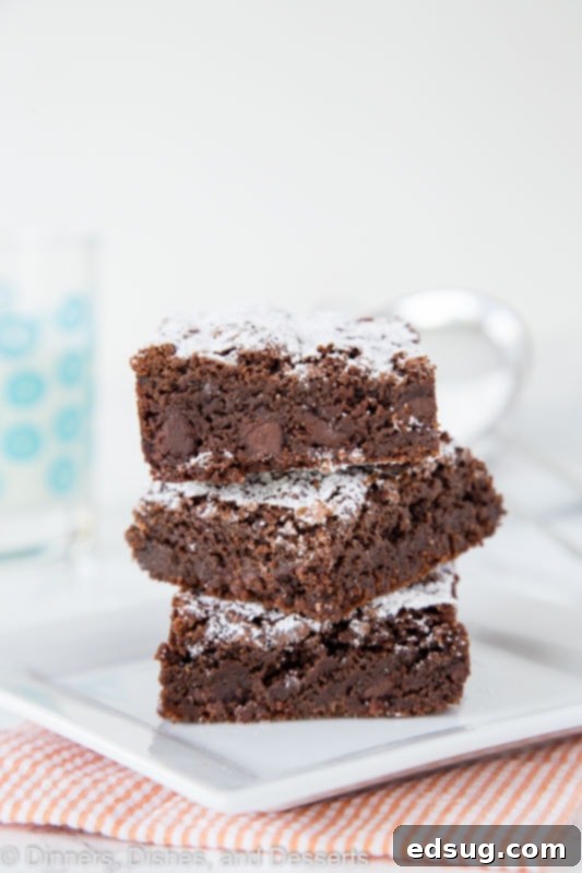 Decadent Nutella Fudge Brownies 2 brownies stacked on a plate