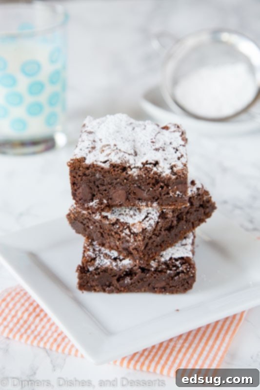 Decadent Nutella Fudge Brownies 4 brownies on a white plate