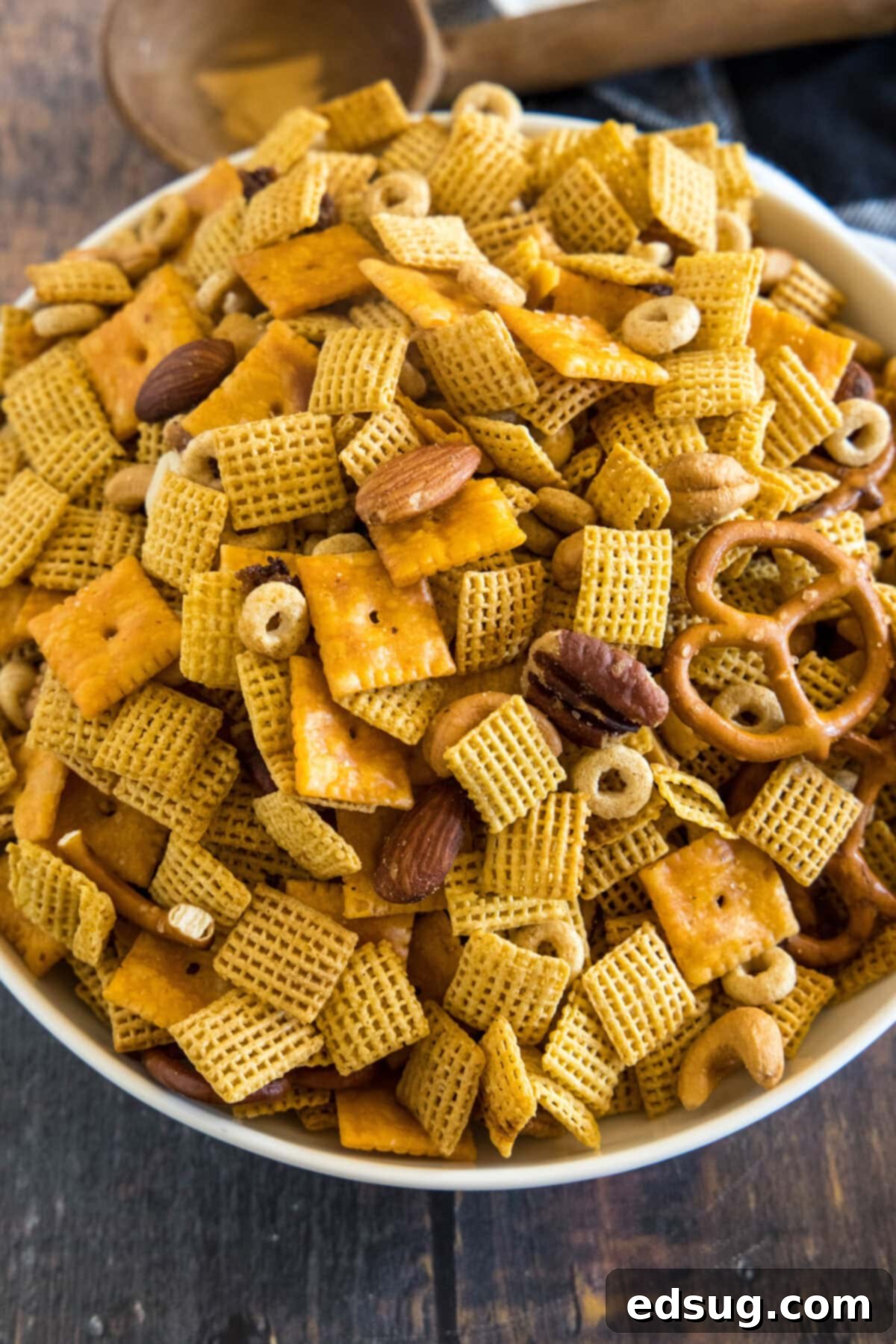 Crock-Pot Party Crunch 5 looking down on a bowl of slow cooker chex mix