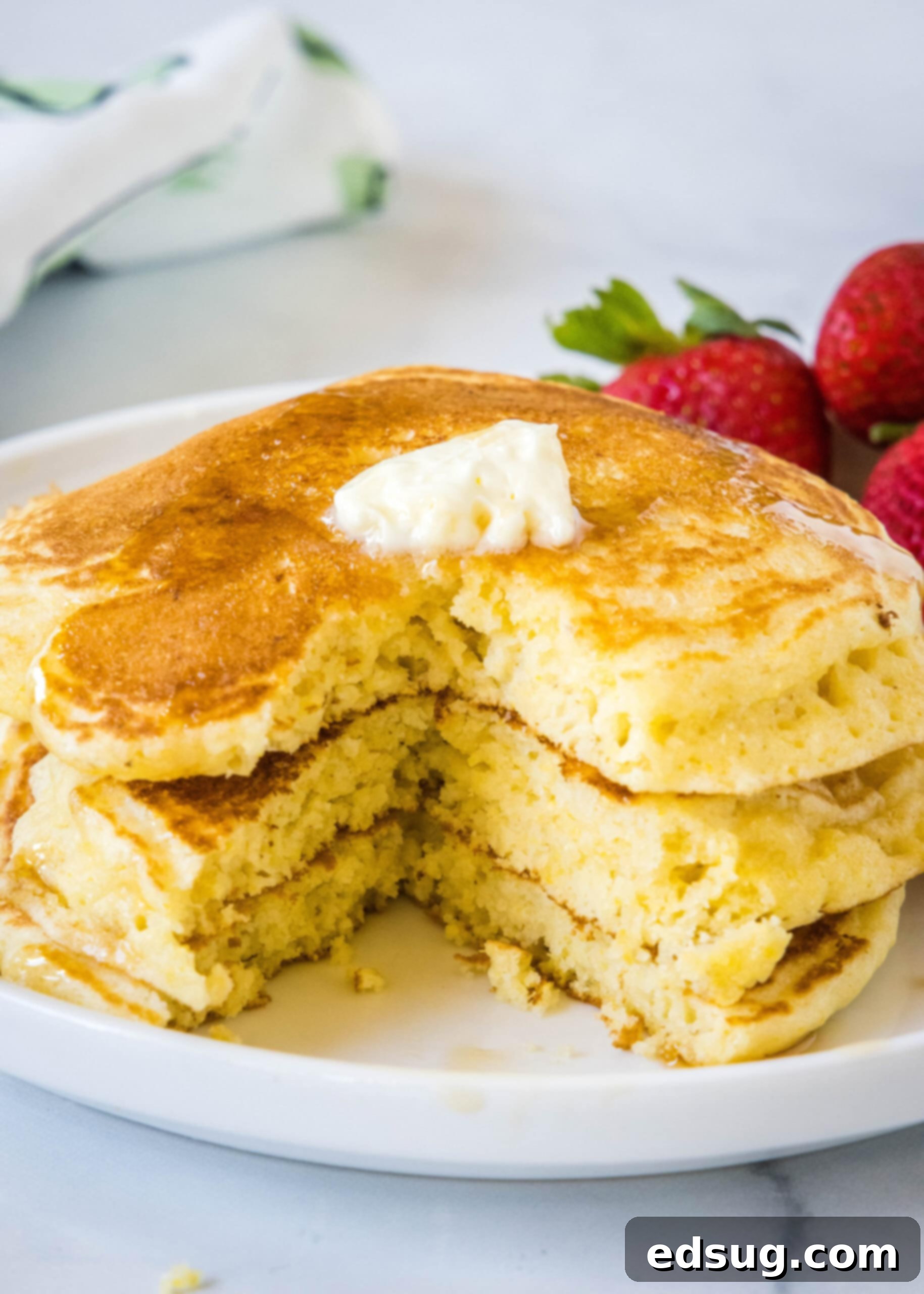 A stack of golden cornmeal pancakes, with one piece cut out, showcasing their fluffy interior and ready to be enjoyed with butter and syrup. A stack of cornmeal pancakes on a white plate, with a slice already removed, showcasing the fluffy interior, topped with butter and maple syrup.