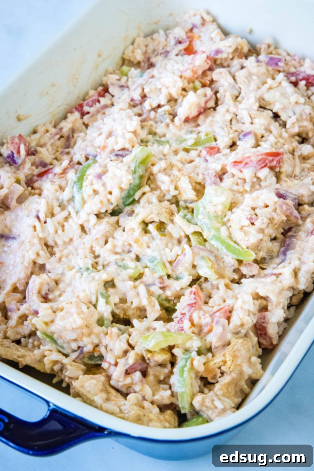 This chicken fajita casserole is an easy dinner packed with juicy chicken and rice, with sweet bell peppers, fajita seasoning, and cheese! The combined chicken fajita casserole filling, consisting of chicken, vegetables, rice, sour cream, and salsa, spread evenly in a 13x9 inch baking dish.
