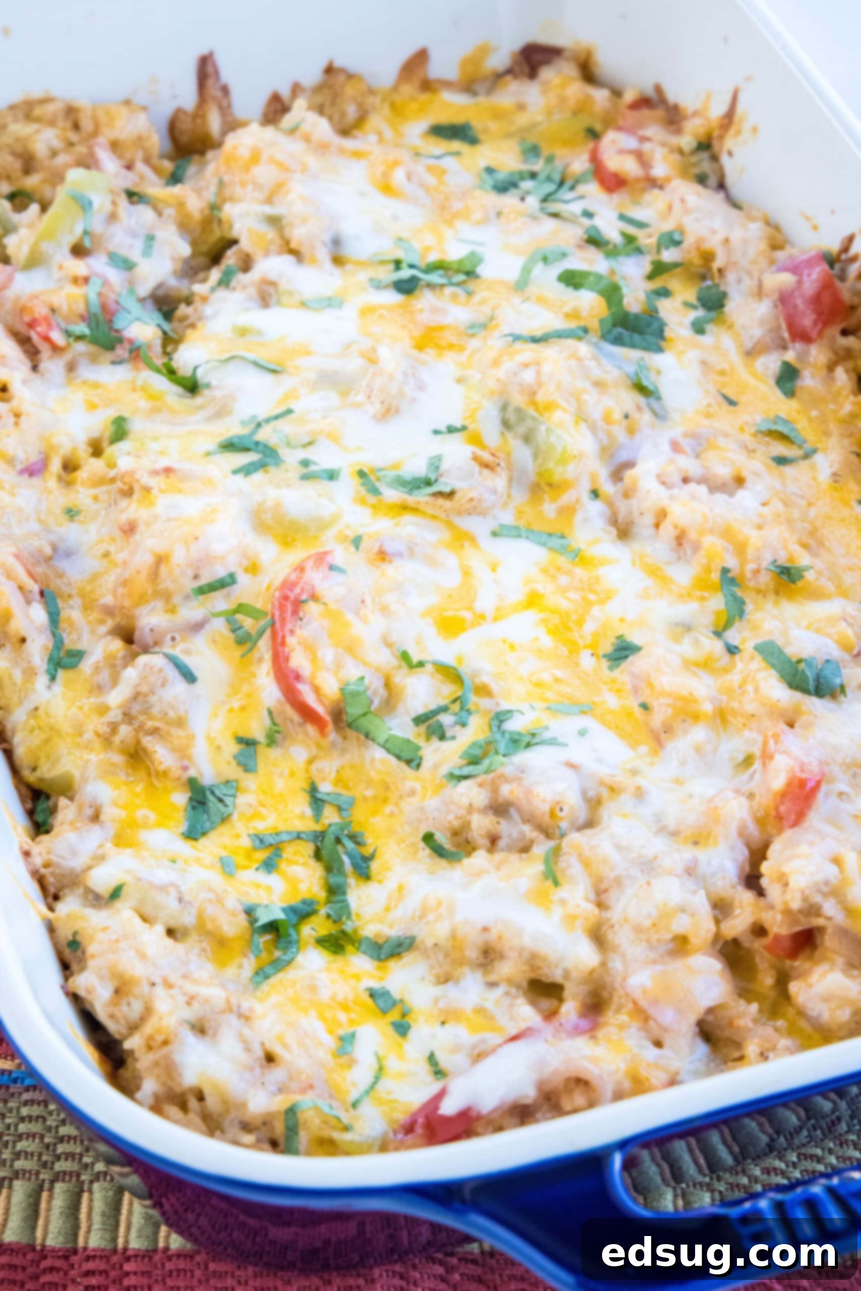 Zesty Chicken Fajita Bake 2 A perfectly baked chicken fajita casserole, golden brown and bubbling with melted cheese, fresh out of the oven in a rectangular baking dish.