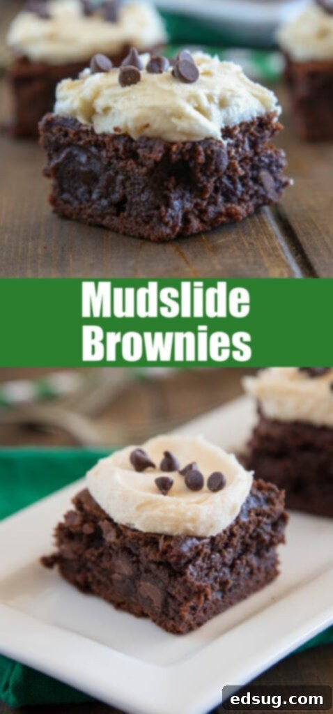 Fudgy Torrent Brownies 2 Close-up photo of fudgy Mudslide Brownies with creamy white frosting and scattered chocolate chips on a white tray.