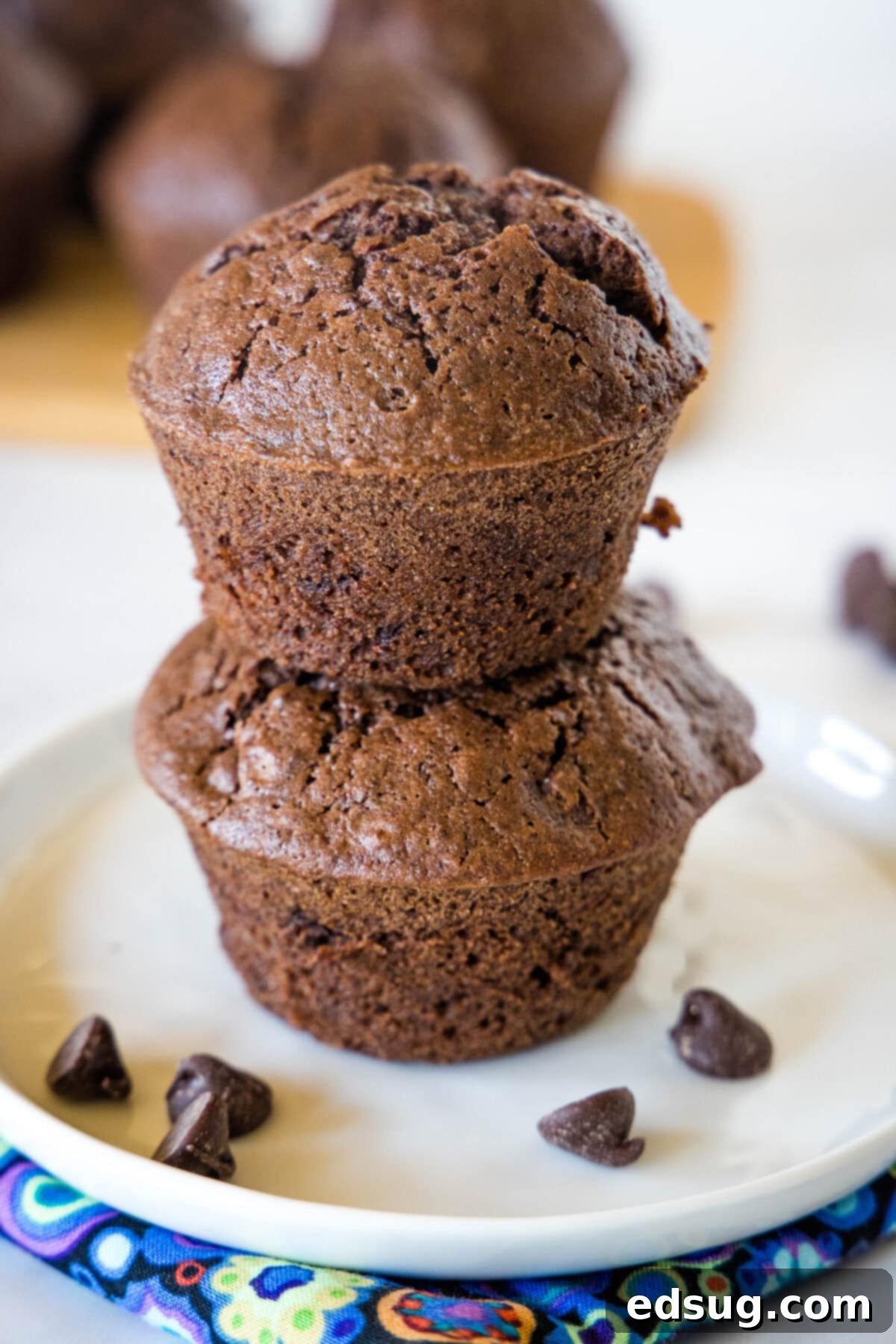 Fudgy Brownie Muffins 5 Perfectly baked brownie muffins stacked on a elegant white plate, topped with a dusting of cocoa powder or powdered sugar.
