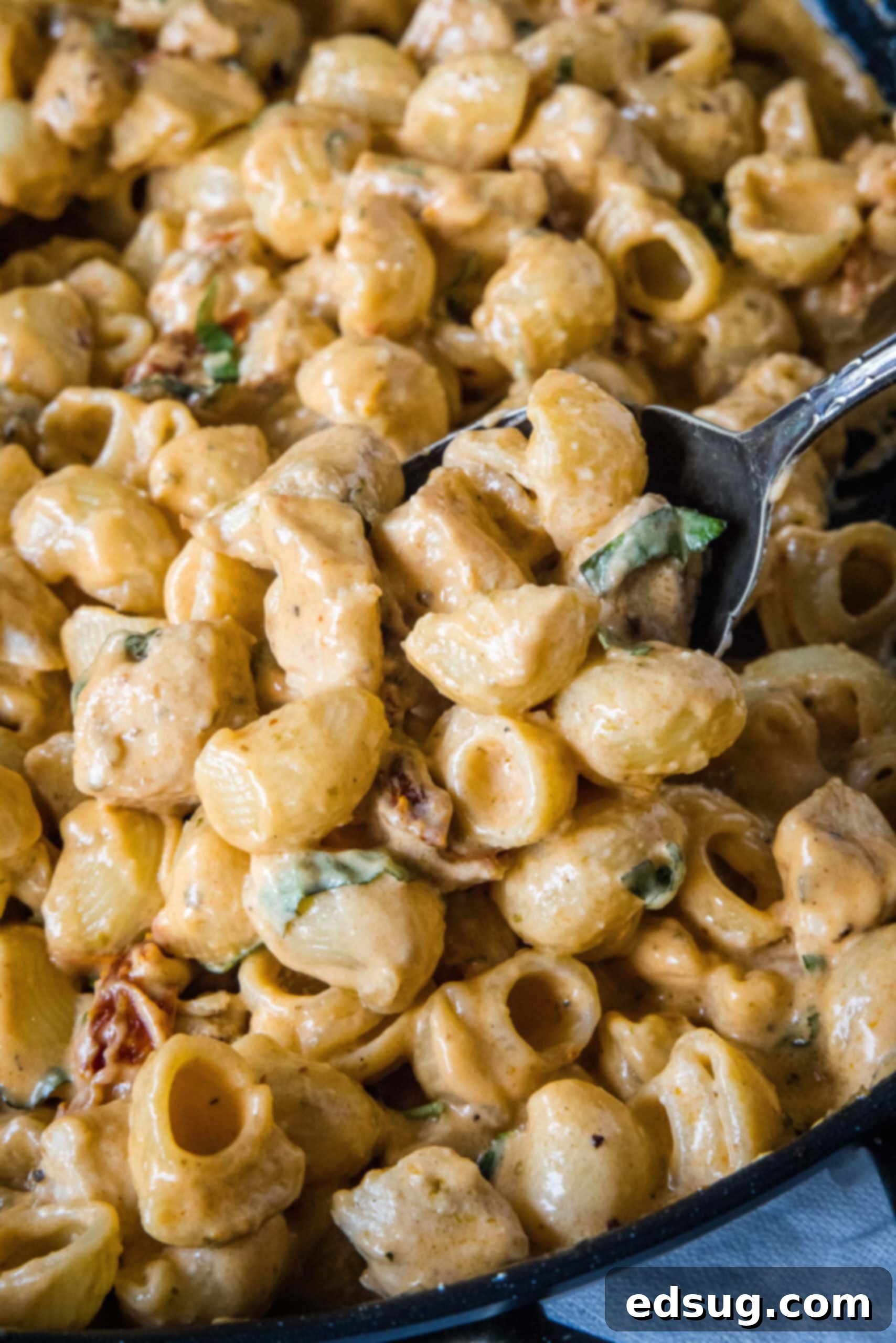 Flavor-packed Marry Me Chicken pasta is a 30-minute, one-pan weeknight dinner with tender pasta and chicken in creamy sun-dried tomato sauce. Close up of a spoon stirring Marry Me Chicken pasta in a skillet.