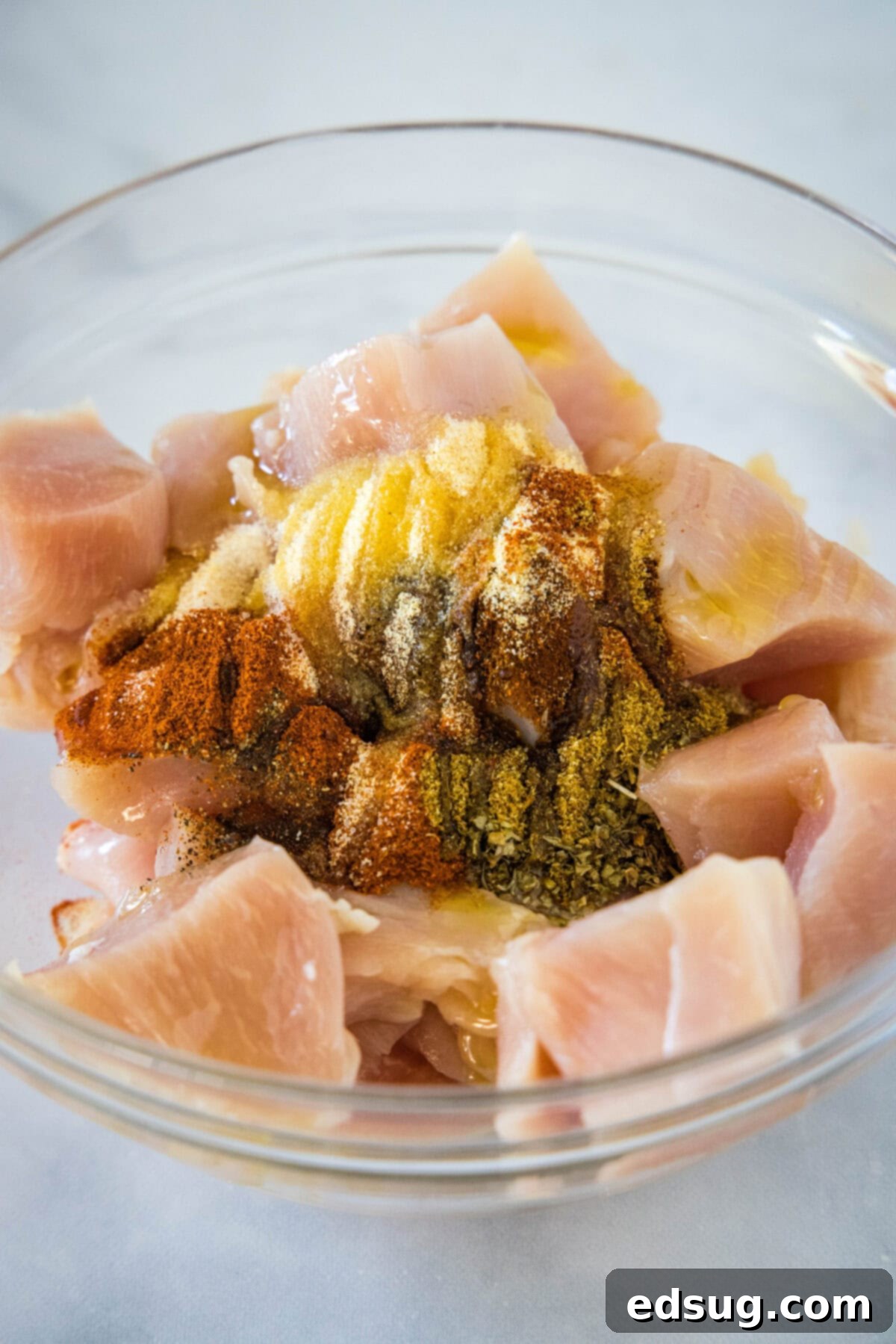 Crispy Baked Chicken Poppers 2 Bite-sized chicken pieces thoroughly coated in a vibrant spice blend and olive oil in a glass mixing bowl.