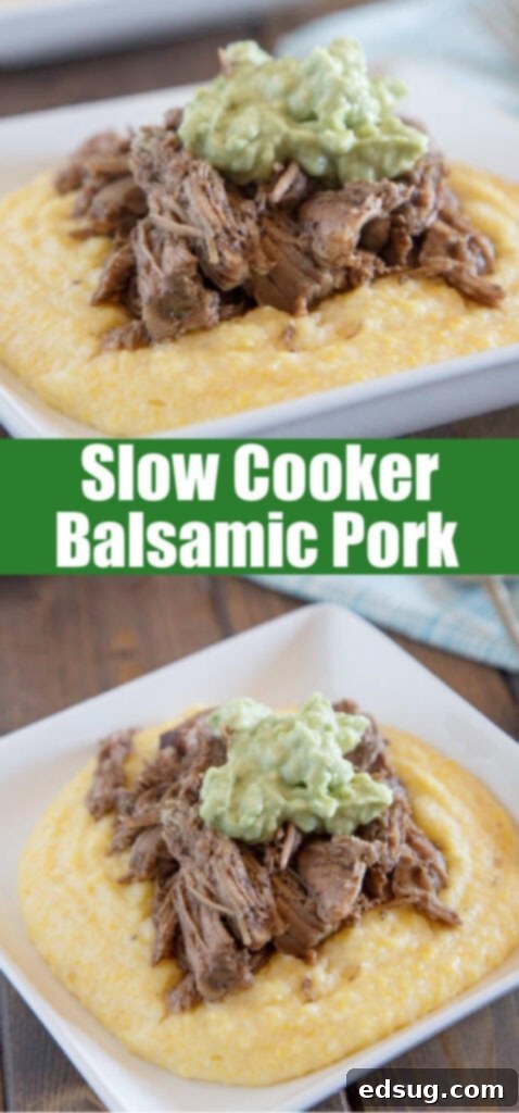 Tender Slow Cooker Balsamic Pork with Creamy Polenta and Velvety Avocado Cream 2 shredded pork over a bed of polenta and topped with avocado
