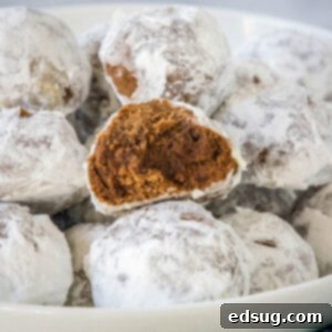 Melt-Away Chocolate Snowballs 2 Chocolate snowball cookies staked on a white platter with a bite missing from one cookie.