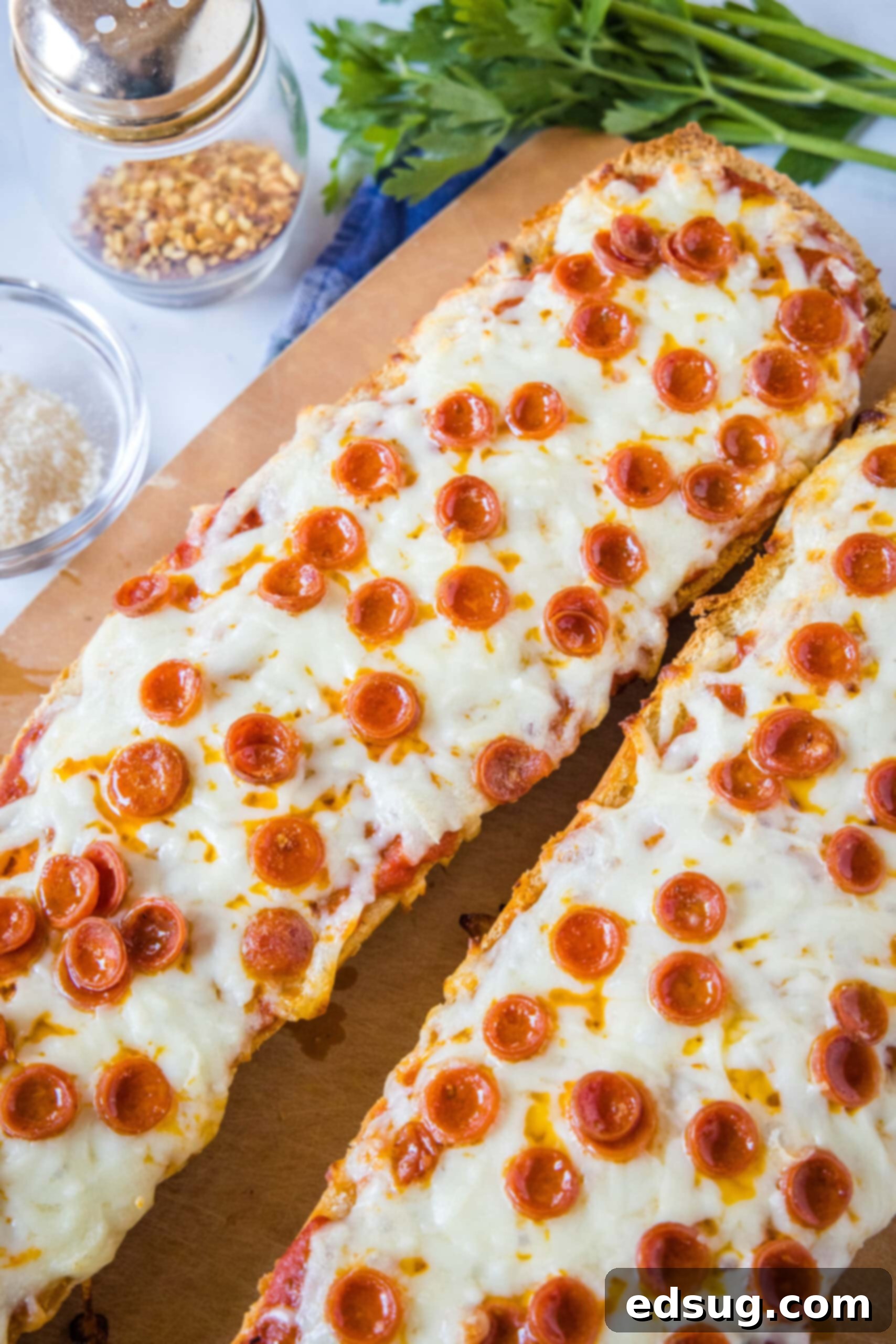 Serve up these irresistible easy French bread pizzas, bursting with zesty garlic butter, savory pizza sauce, melty mozzarella, and your chosen toppings! Two French bread pizzas, one whole and one partially sliced, on a wooden cutting board, ready to be enjoyed.