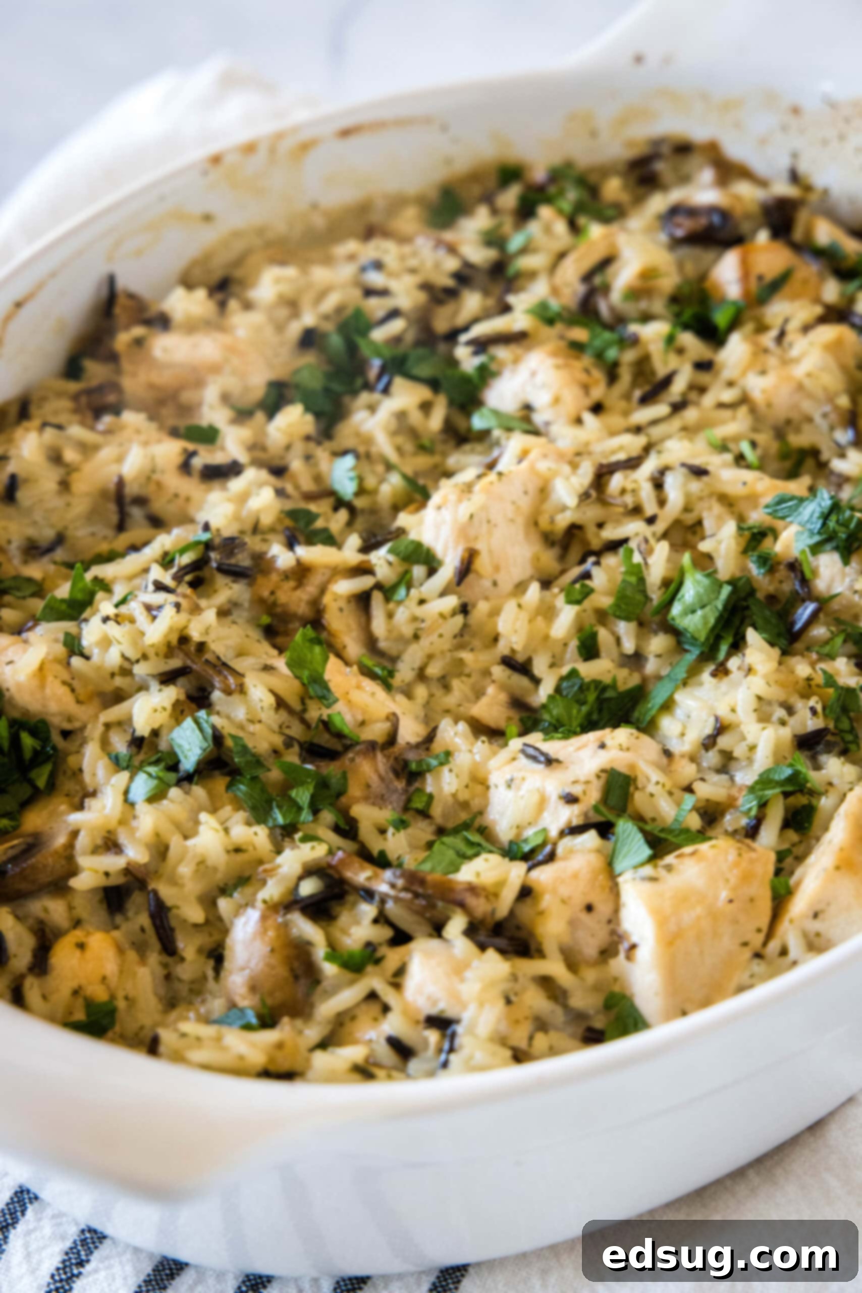 This chicken wild rice casserole is a hearty dinner loaded with juicy chicken, mushrooms, and nutty wild rice wrapped in creamy white sauce. Chicken wild rice casserole in an oval baking dish.