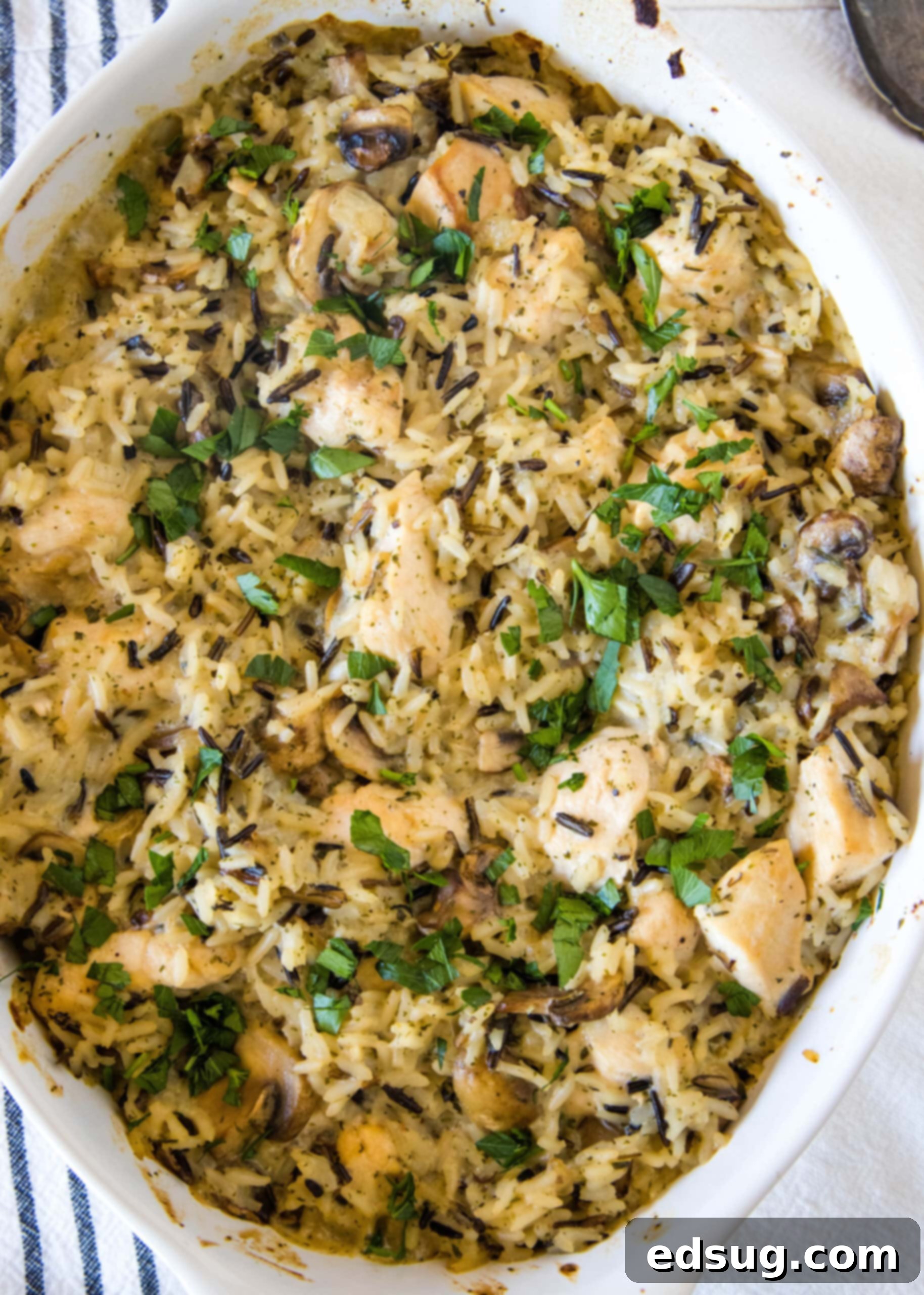 This chicken wild rice casserole is a hearty dinner loaded with juicy chicken, mushrooms, and nutty wild rice wrapped in creamy white sauce. Overhead view of chicken wild rice casserole in an oval baking dish.