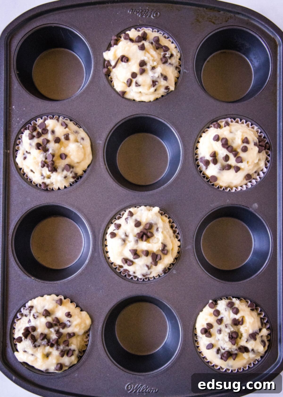 Signature Bakery Chocolate Chip Muffins 5 muffin tin filled with chocolate chip muffin batter and ready for baking
