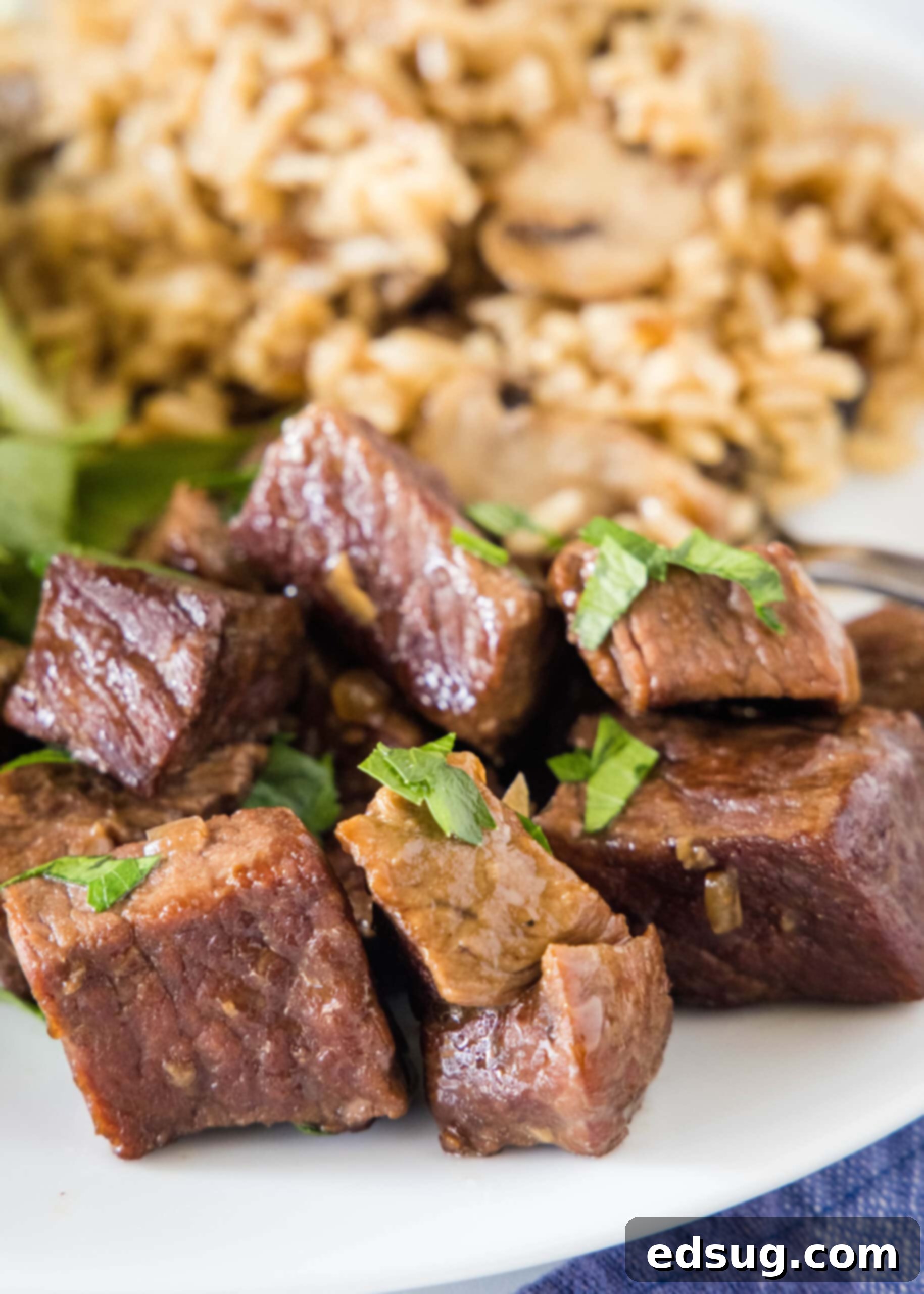 Close up of slow cooker steak bites on a plate with rice and salad in the background.