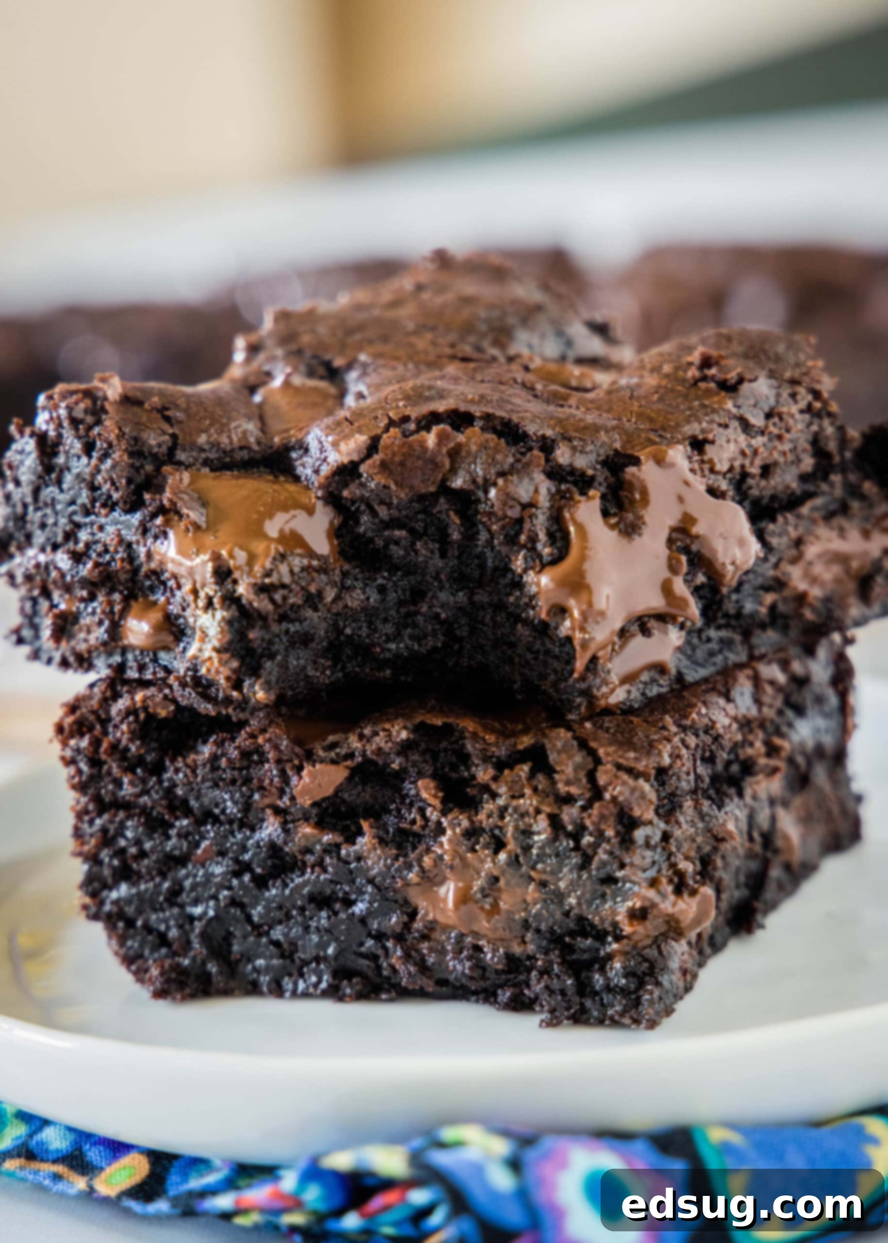 Make thick and chewy, fudgy double chocolate brownies with cocoa powder and chocolate chunks, for loads of melty chocolate in every bite! Two perfect double chocolate brownies stacked on a plate, showcasing a delightful fudgy texture and a bite missing from the top one, revealing its gooey interior. This image highlights the rich, dark chocolate color and enticing texture of the brownies.