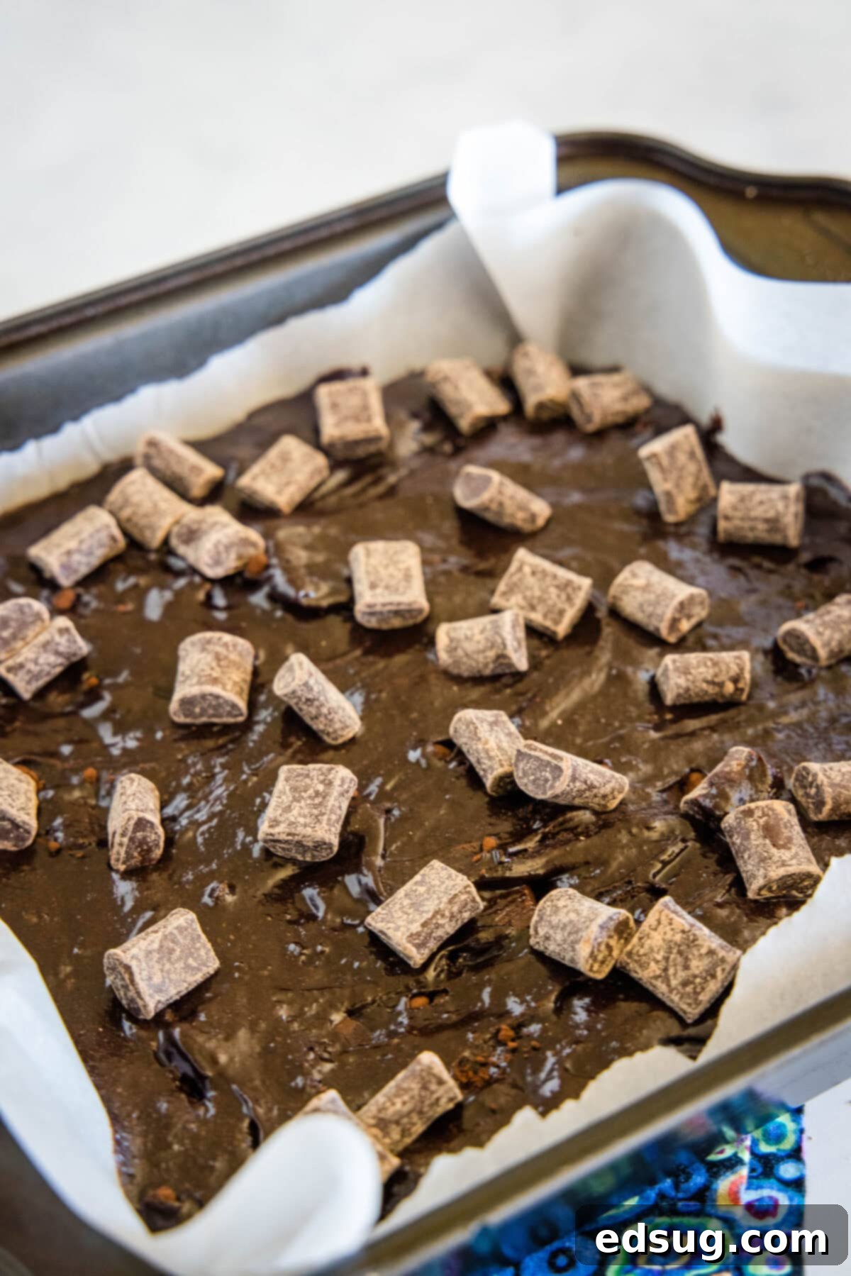 Make thick and chewy, fudgy double chocolate brownies with cocoa powder and chocolate chunks, for loads of melty chocolate in every bite! Smooth, dark brownie batter is spread evenly into a parchment-lined square baking pan, generously topped with an extra sprinkle of chocolate chunks for added richness and a beautiful presentation. The surface is ready for baking.