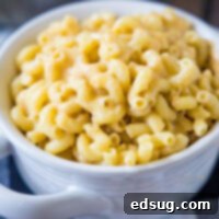 Guilt-Free Stovetop Mac and Cheese 2 Close up of a bowl of healthy mac and cheese, showing its perfect creamy texture.