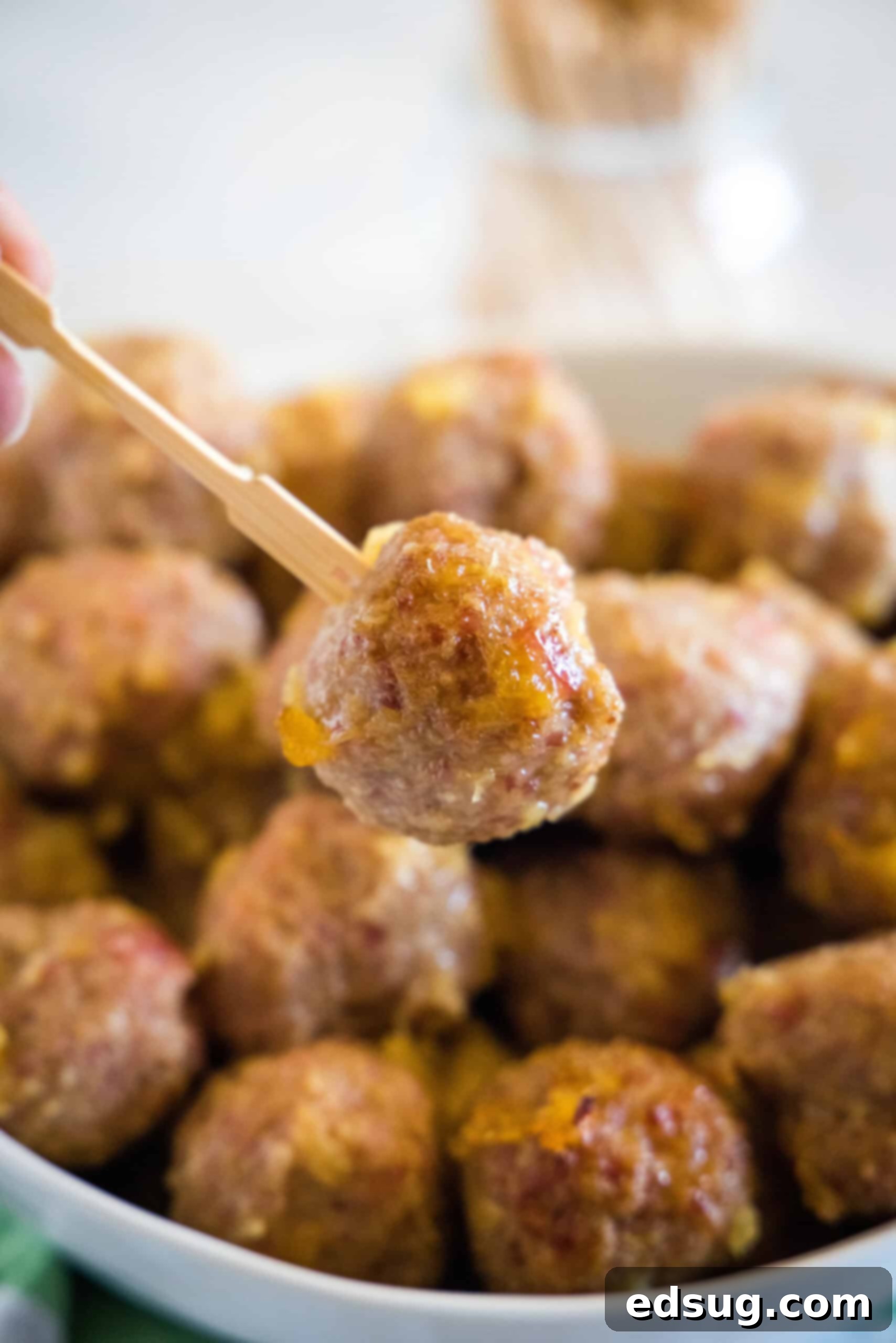 This ham balls recipe is the ultimate party snack! They're super juicy and easy to make. Bake them with two different sauces, sweet or savory! Close up of a ham ball picked up with a cocktail skewer, with a bowl of ham balls in the background.