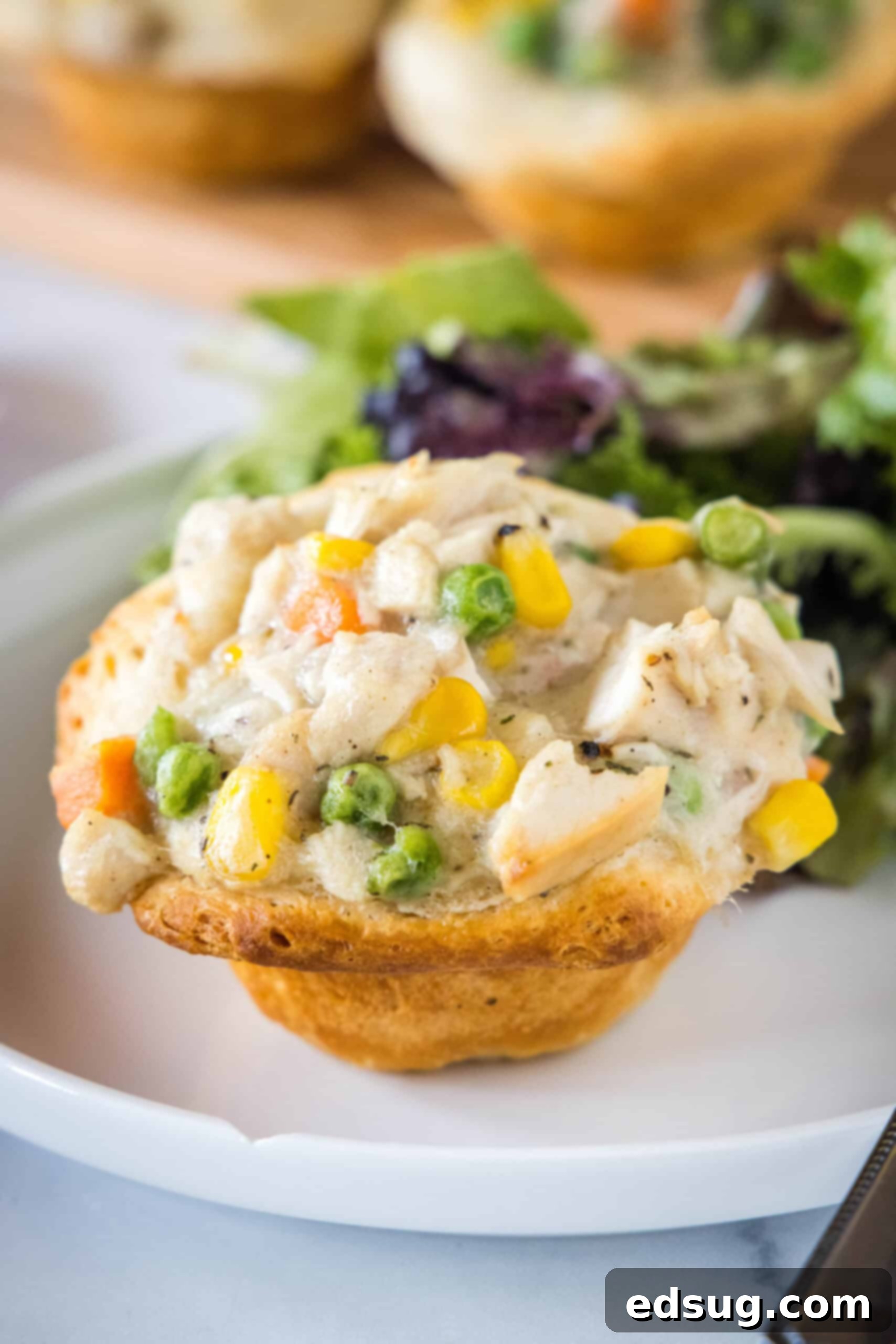 These mini chicken pot pies have creamy pot pie filling baked in a flaky biscuit crust. All the flavors of the original in bite-sized form! A perfectly baked mini chicken pot pie, with a golden biscuit crust and creamy filling, served on a white plate with a fresh green salad in the background.