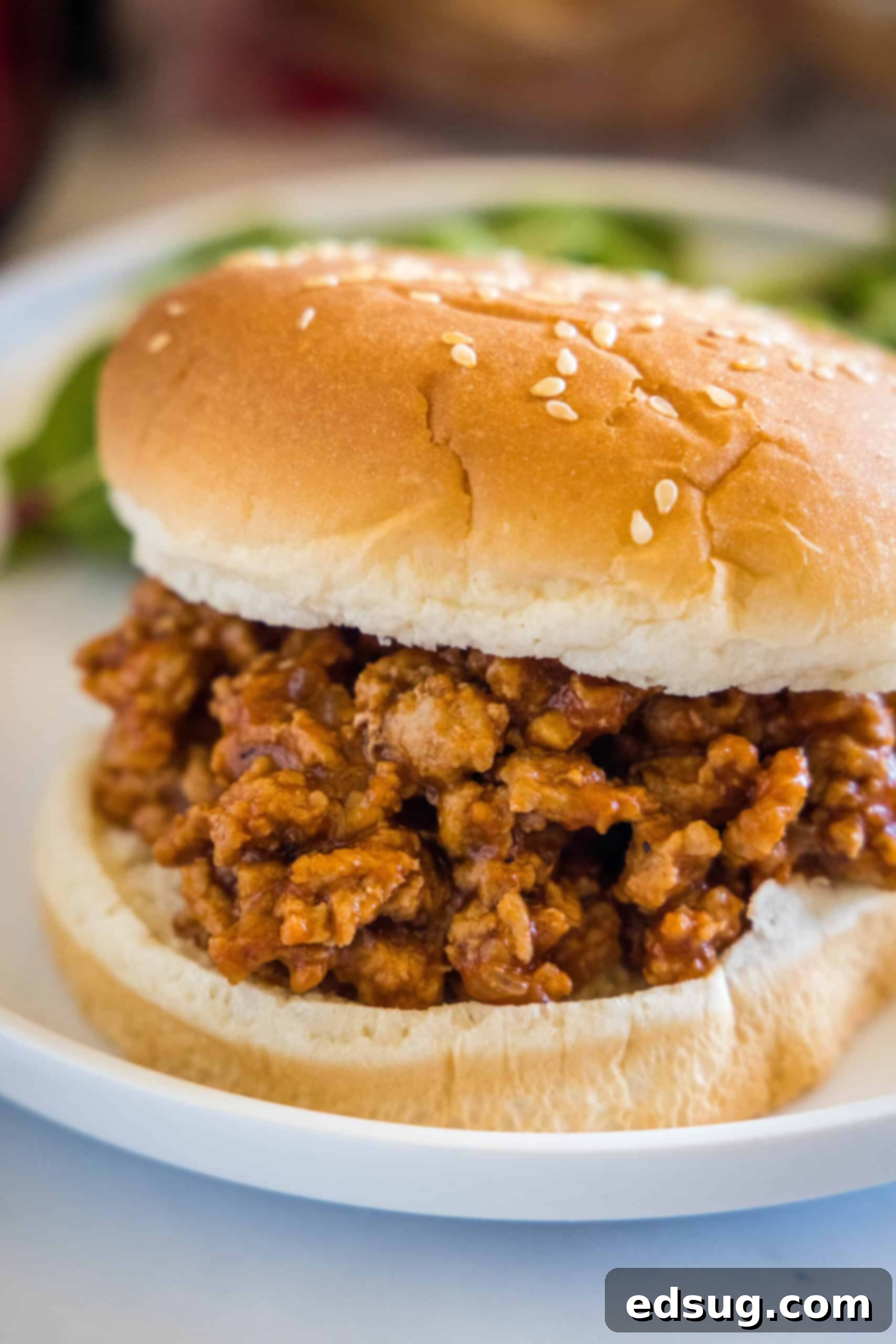 Easy ground turkey Sloppy Joes made with juicy turkey instead of ground beef, cooked in one pan with a rich, flavor-packed homemade sauce! Close up of a ground turkey sloppy joes sandwich on a plate, showcasing the rich filling and toasted bun.