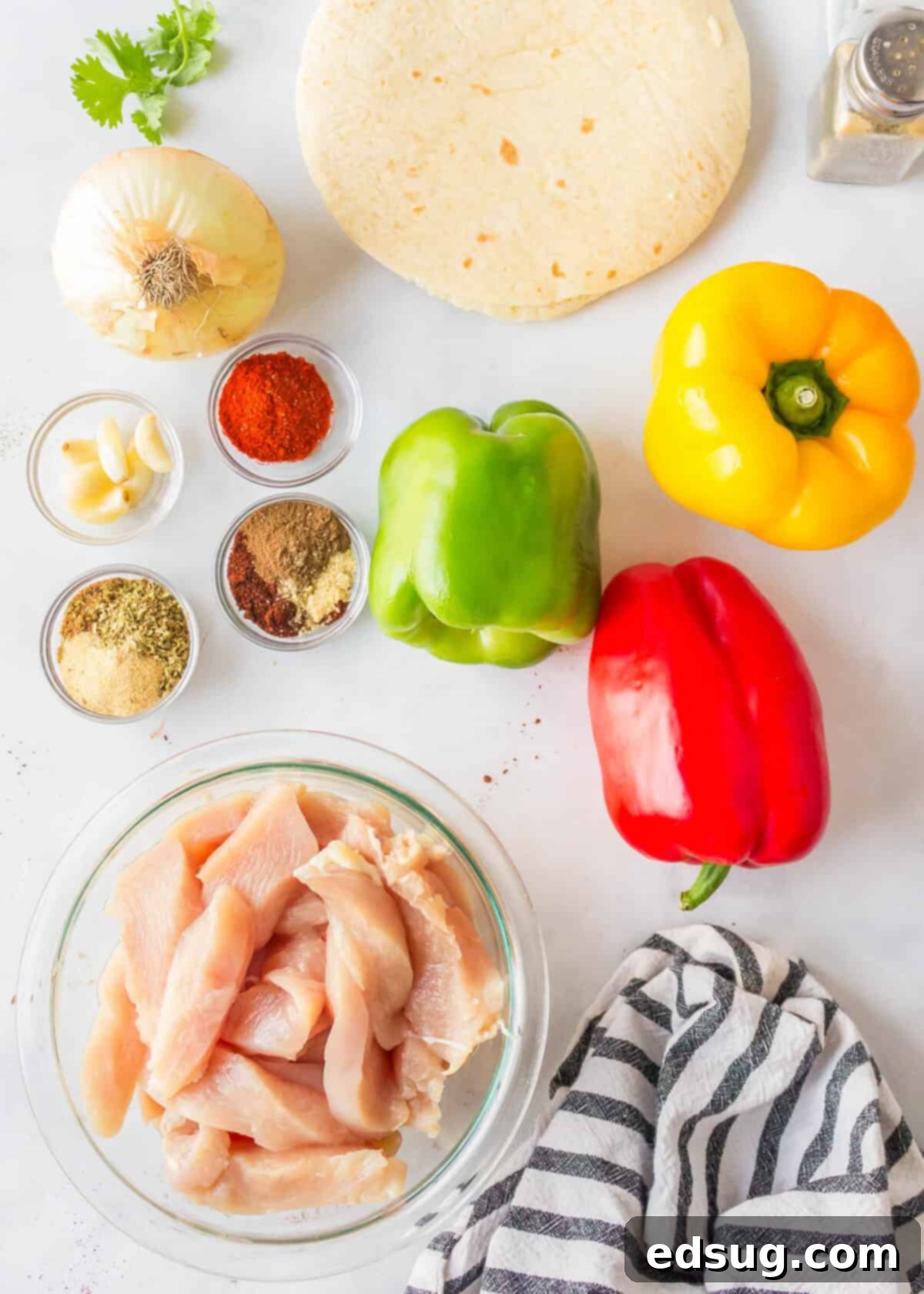 One-Pan Chicken Fajitas 3 chicken fajita ingredients laid out