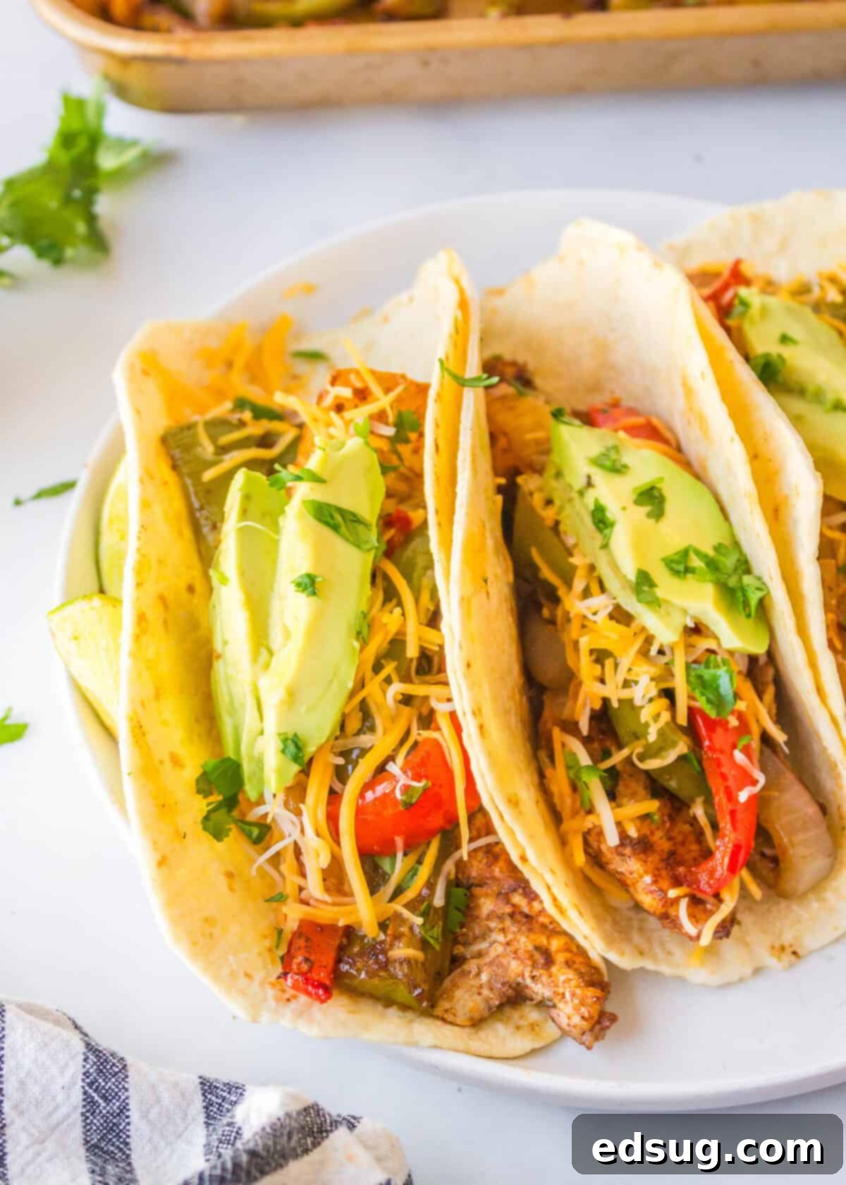 One-Pan Chicken Fajitas 5 looking down on a plate of assembled chicken fajitas