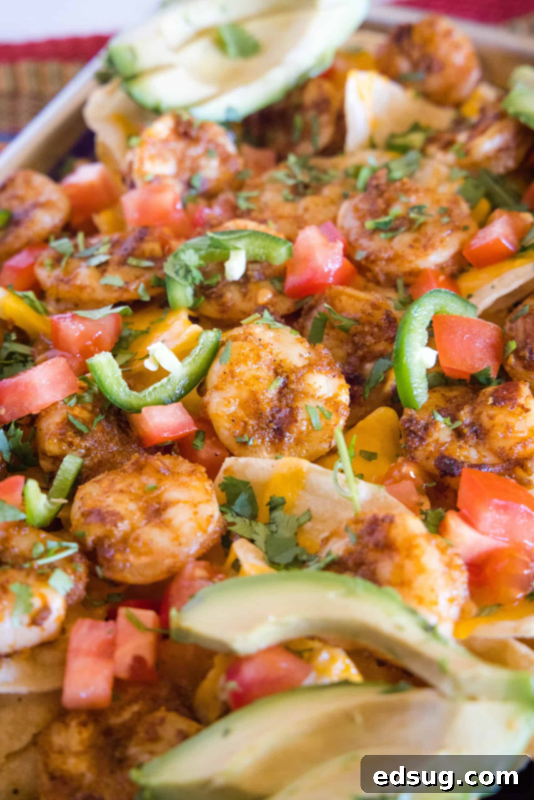 Upgrade classic nachos with zesty seasoned shrimp! These shrimp nachos are an easy Tex-Mex appetizer packed with flavor, ready in 15 minutes. Close up of shrimp nachos on a sheet pan garnished with avocado slices.
