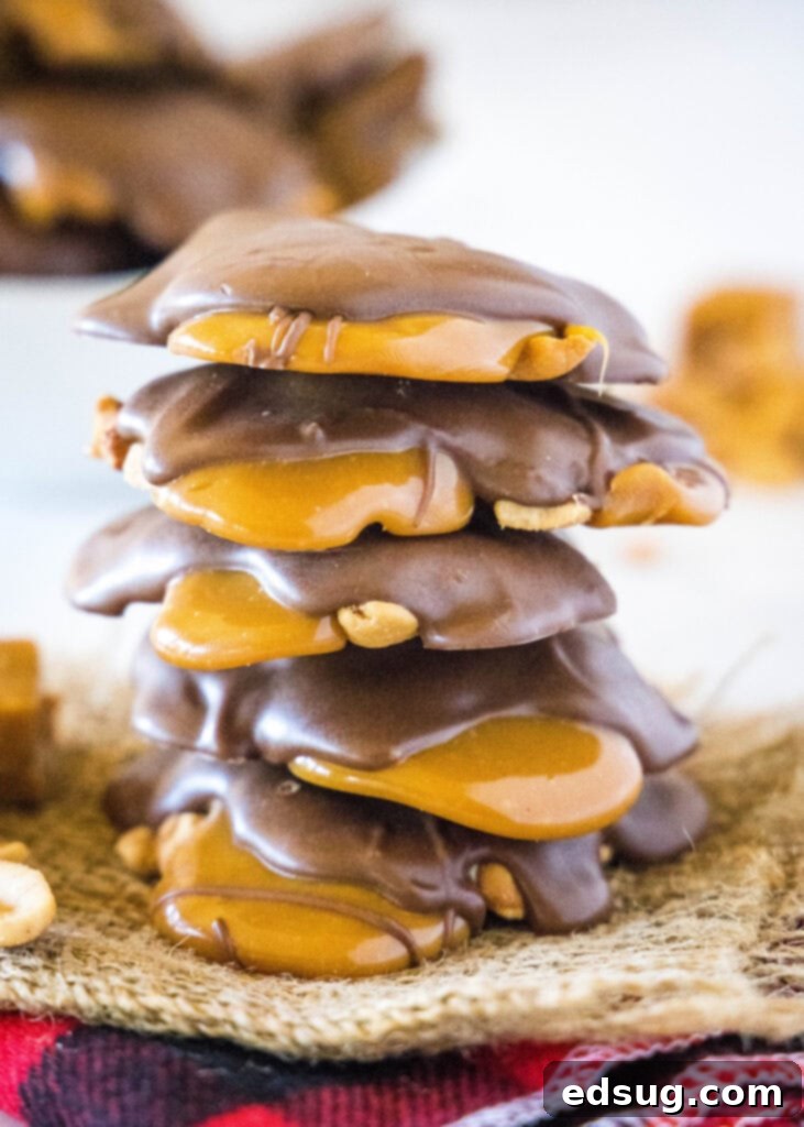 stacked caramel cashew clusters on a table