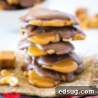 close up stacked cashew caramel clusters