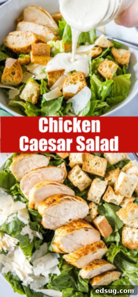 Signature Grilled Chicken Caesar 8 Close-up of a vibrant Chicken Caesar Salad, highlighting the crisp lettuce, tender chicken, and creamy dressing, perfect for Pinterest sharing.