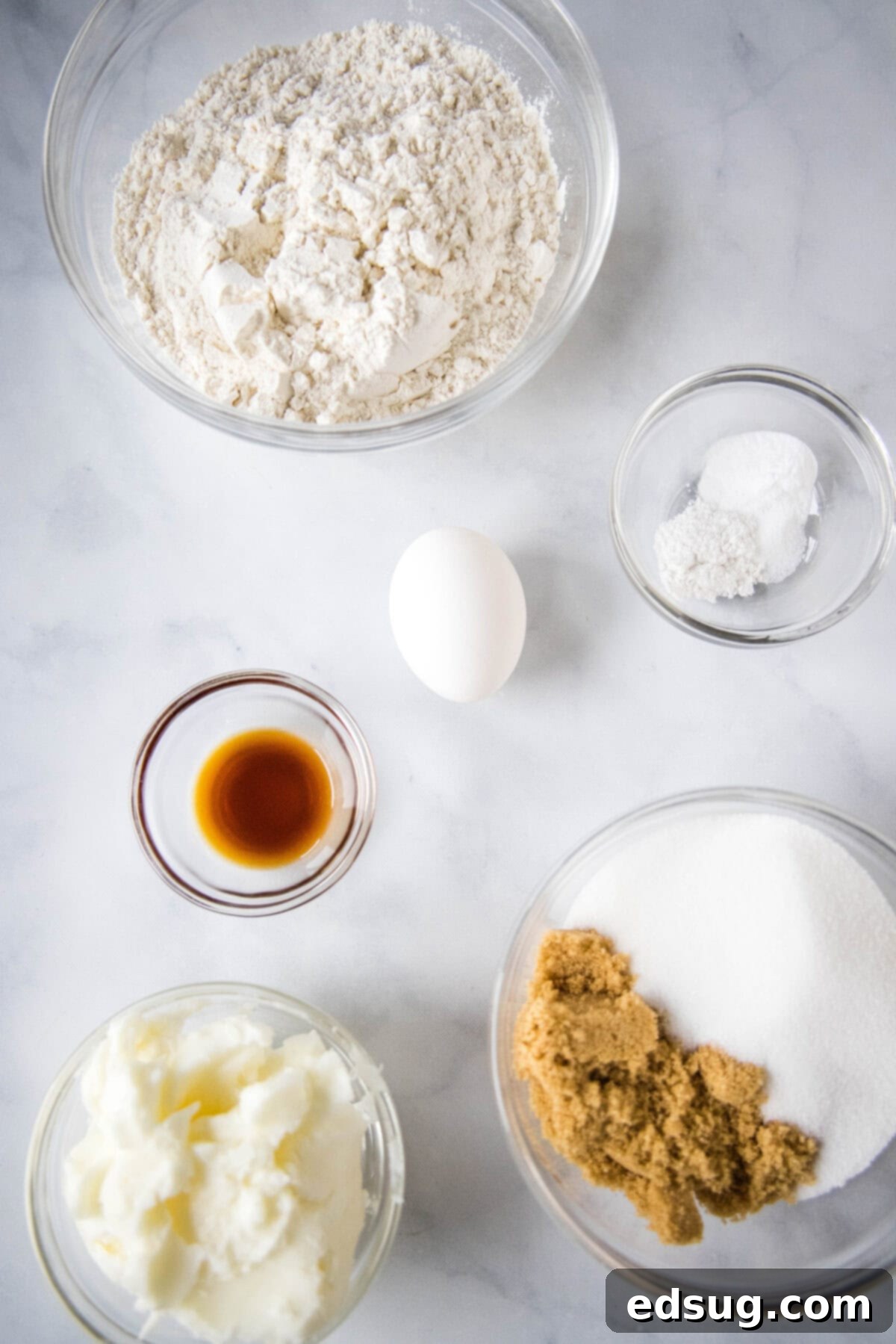 A curated display of all the essential ingredients for baking Angel Crisp cookies, including both white and brown sugar, shortening, an egg, vanilla extract, flour, baking soda, cream of tartar, and salt, neatly arranged on a kitchen counter.