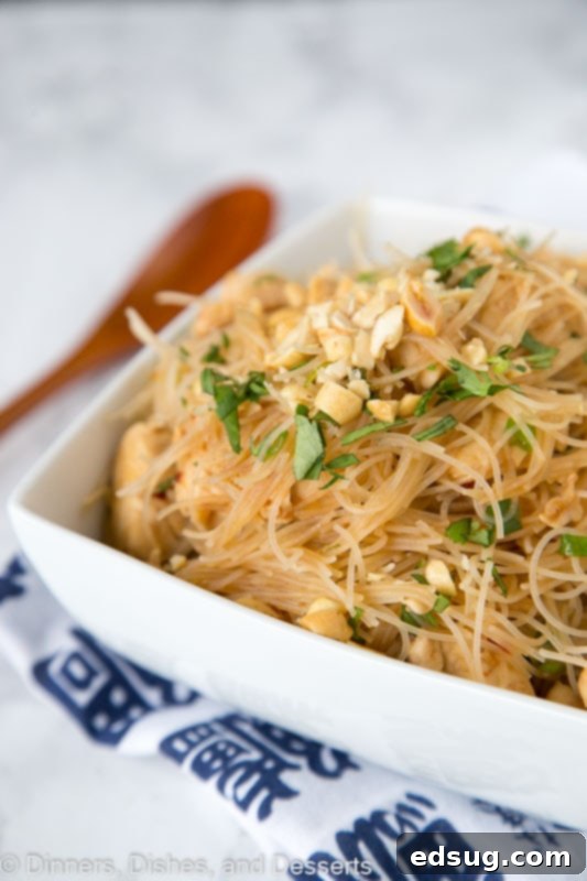 Spicy Sesame Chicken Noodles 2 A vibrant bowl of spicy Asian noodles with chicken, garnished with crunchy peanuts and fresh herbs