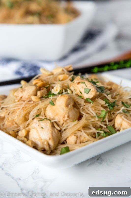 Spicy Sesame Chicken Noodles 4 A bowl of spicy Asian noodles with chicken, garnished with fresh cilantro and green onions, served with chopsticks