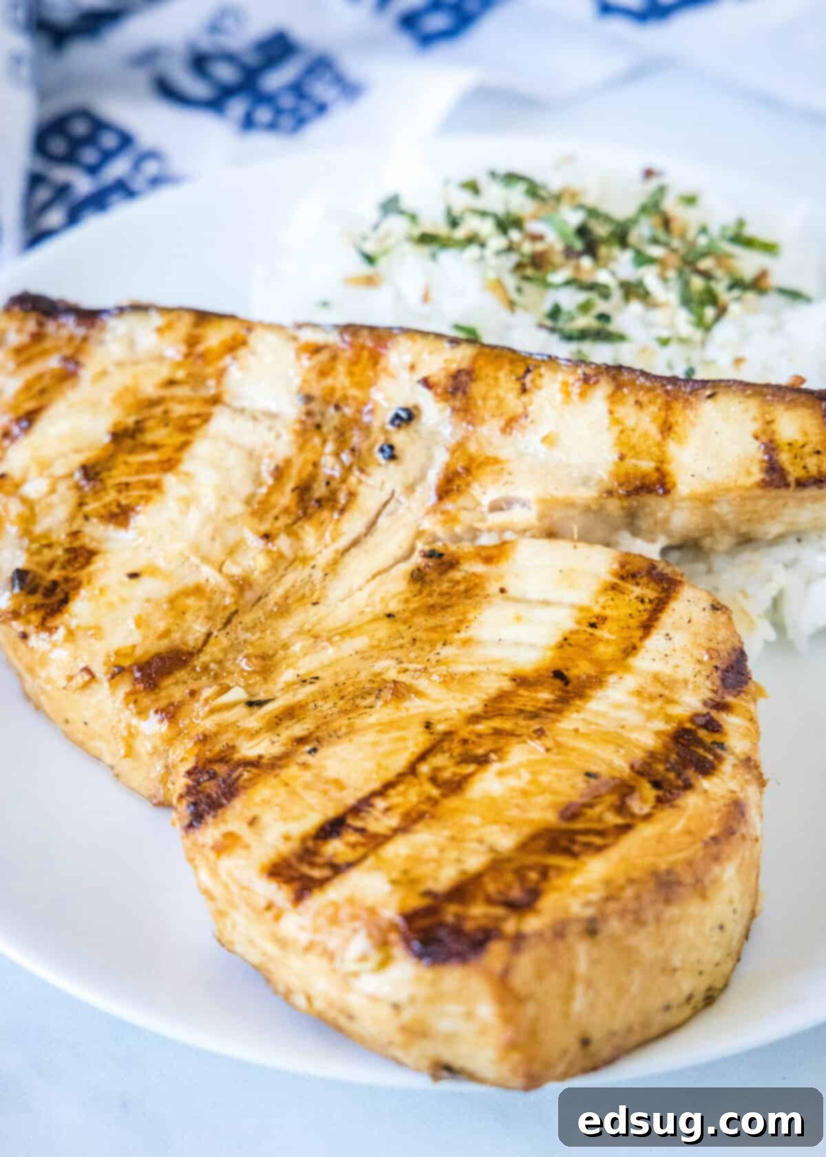 Grilled swordfish served on a plate with fluffy white rice