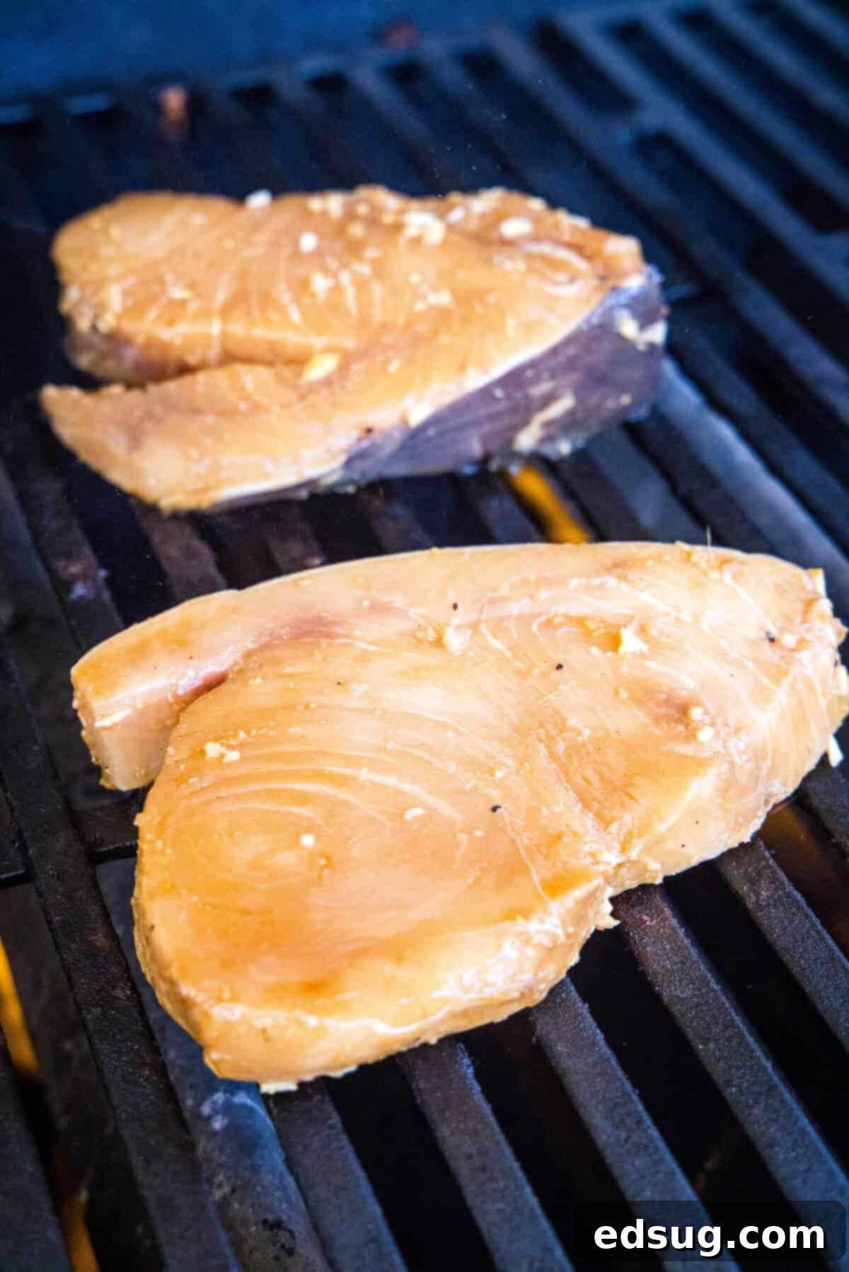 Two swordfish steaks cooking on a grill with visible grill marks