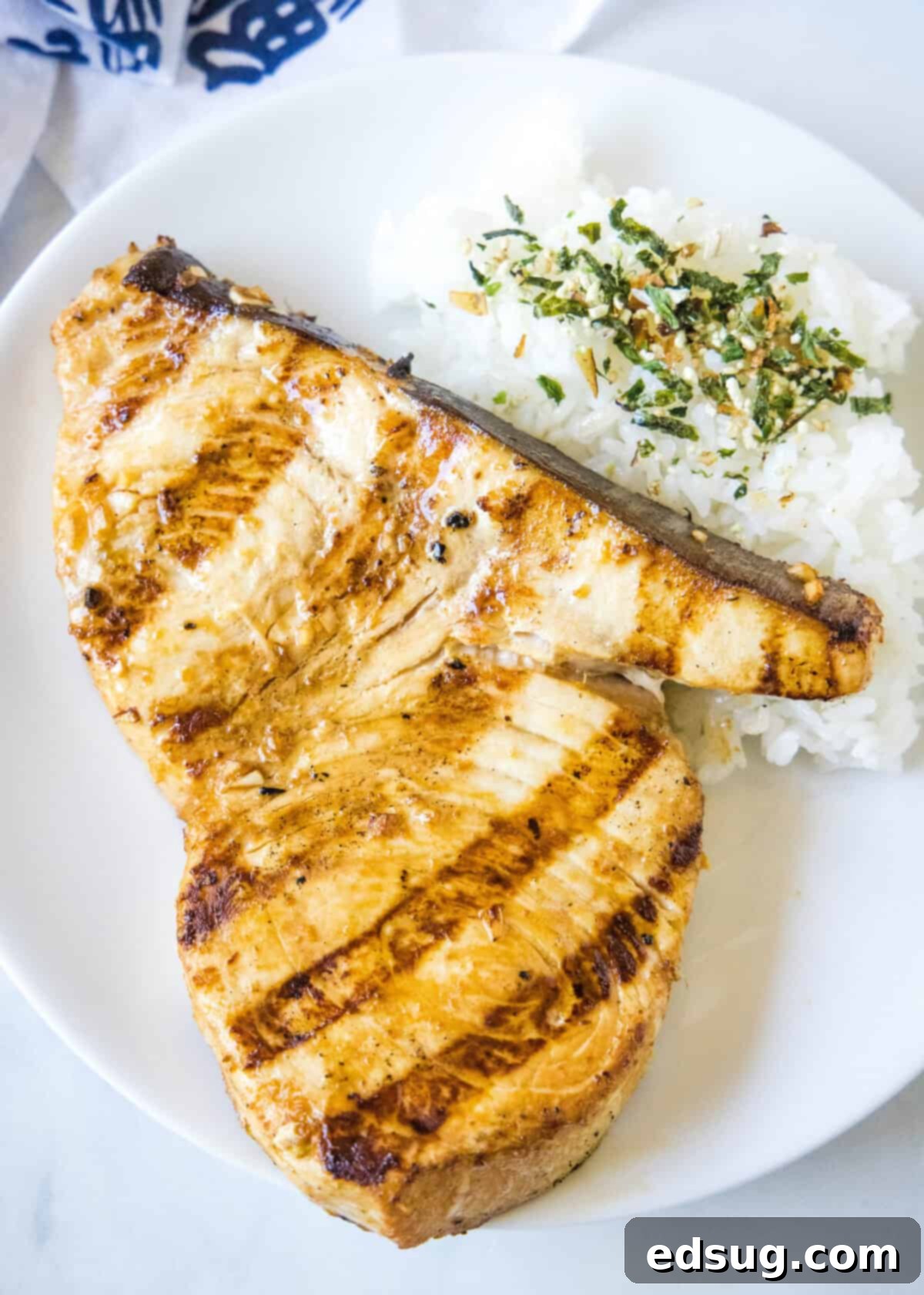 Overhead view of a plate with grilled swordfish and rice, garnished with fresh herbs