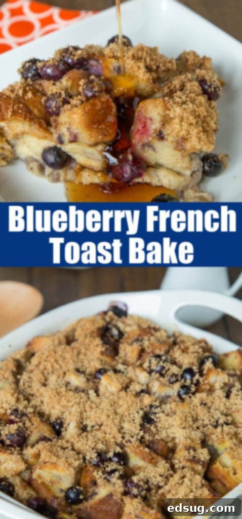 Blueberry Bliss French Toast Bake 2 close up blueberry french toast bake close up for pinterest - showing the texture and topping of the baked dish