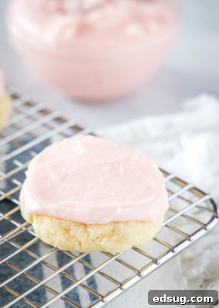 The Quintessential Sugar Cookie 3 A single perfectly frosted sugar cookie resting on a cooling rack, showcasing its thick and soft texture.