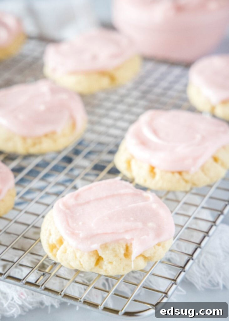 The Quintessential Sugar Cookie 6 Freshly frosted sugar cookies arranged on a wire cooling rack, allowing the icing to set.